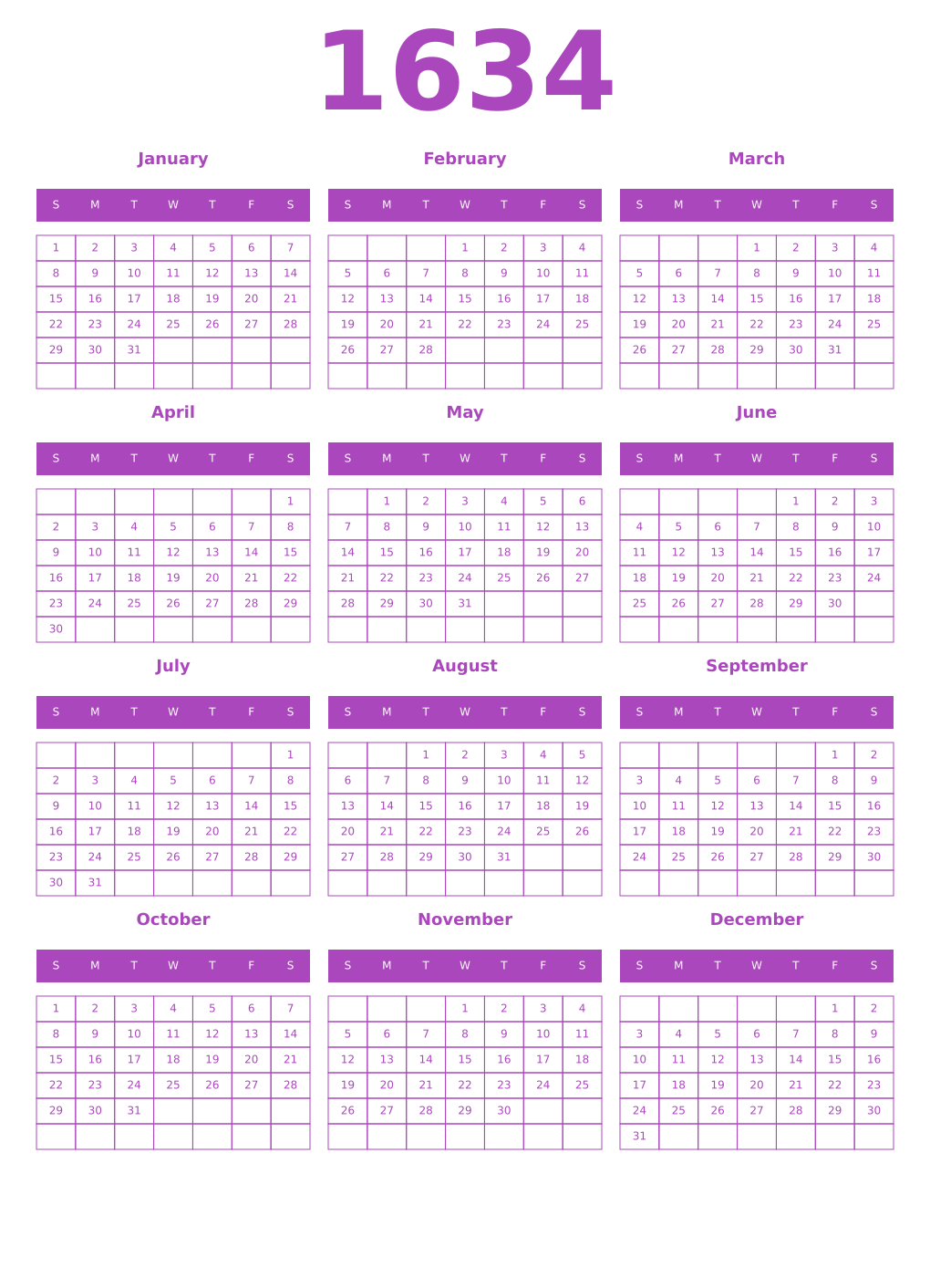 Printable 1634 Year Calendars purple