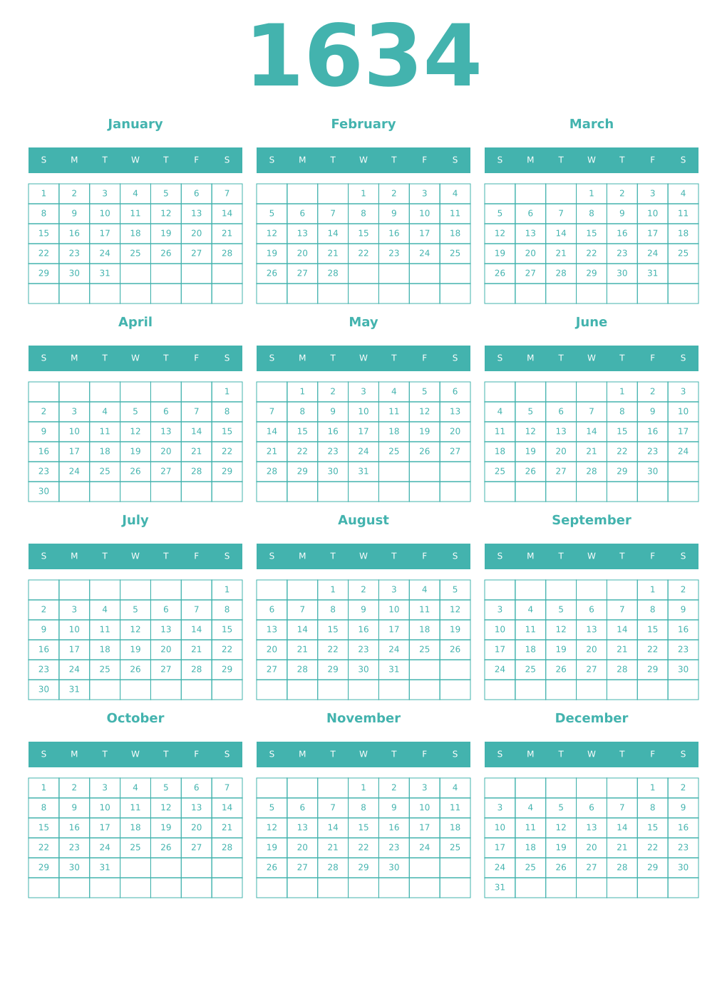 Printable 1634 Year Calendars verdigris