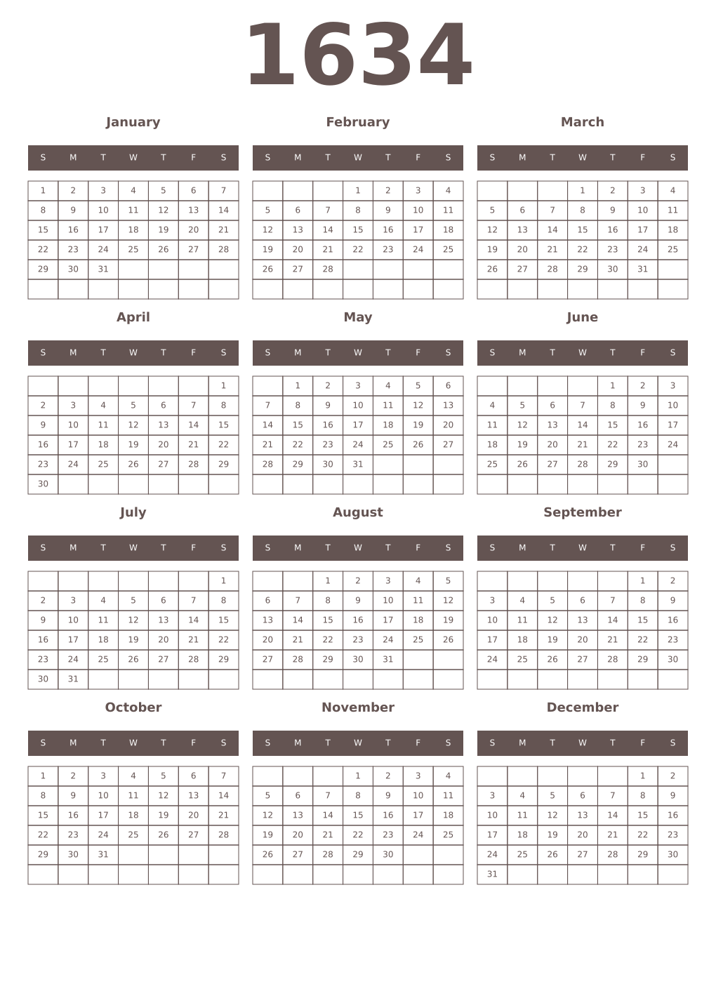 Printable 1634 Year Calendars wenge