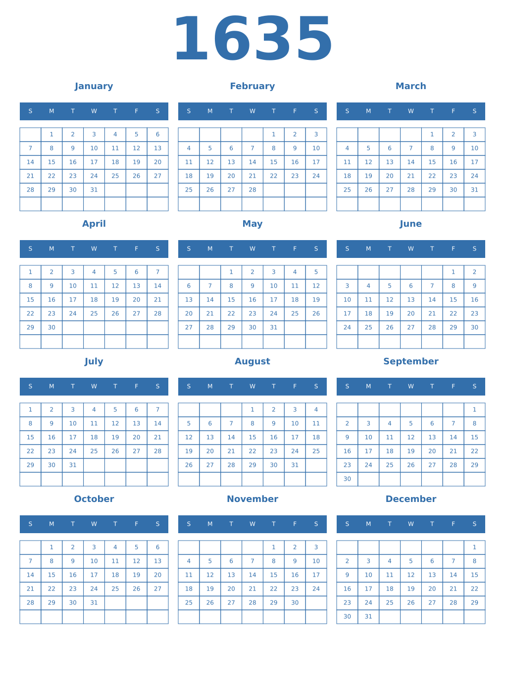 Printable 1635 Year Calendars blue