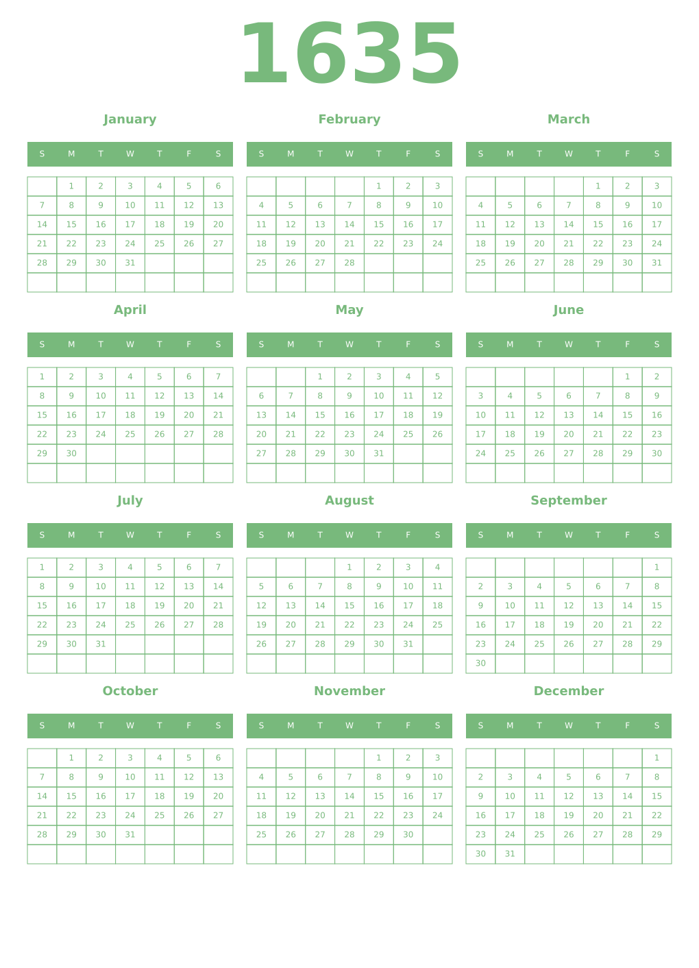 Printable 1635 Year Calendars celadon