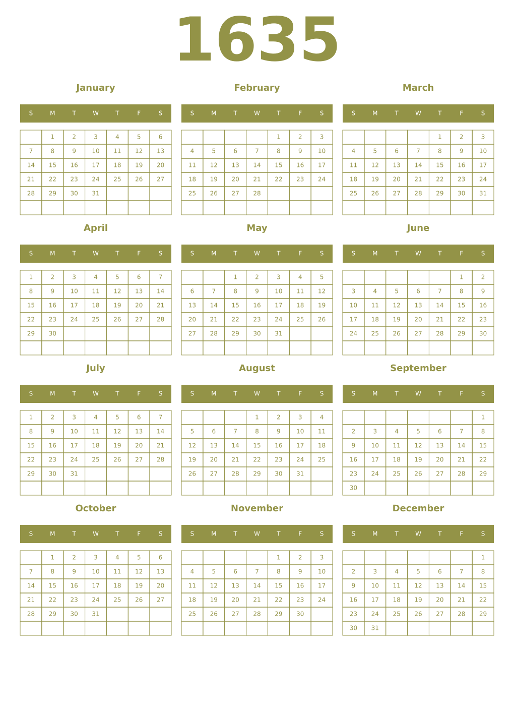 Printable 1635 Year Calendars eburnean