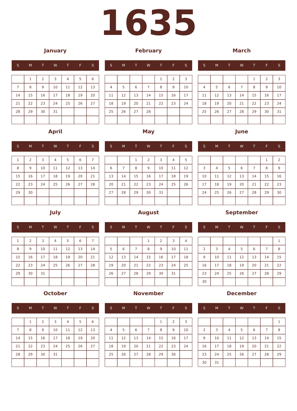 Printable 1635 Year Calendars mortuum