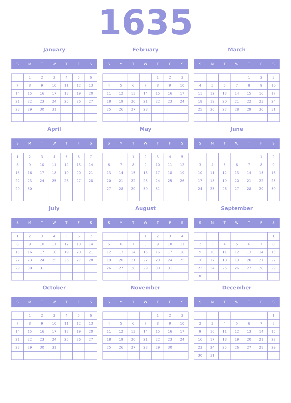 Printable 1635 Year Calendars periwinkle