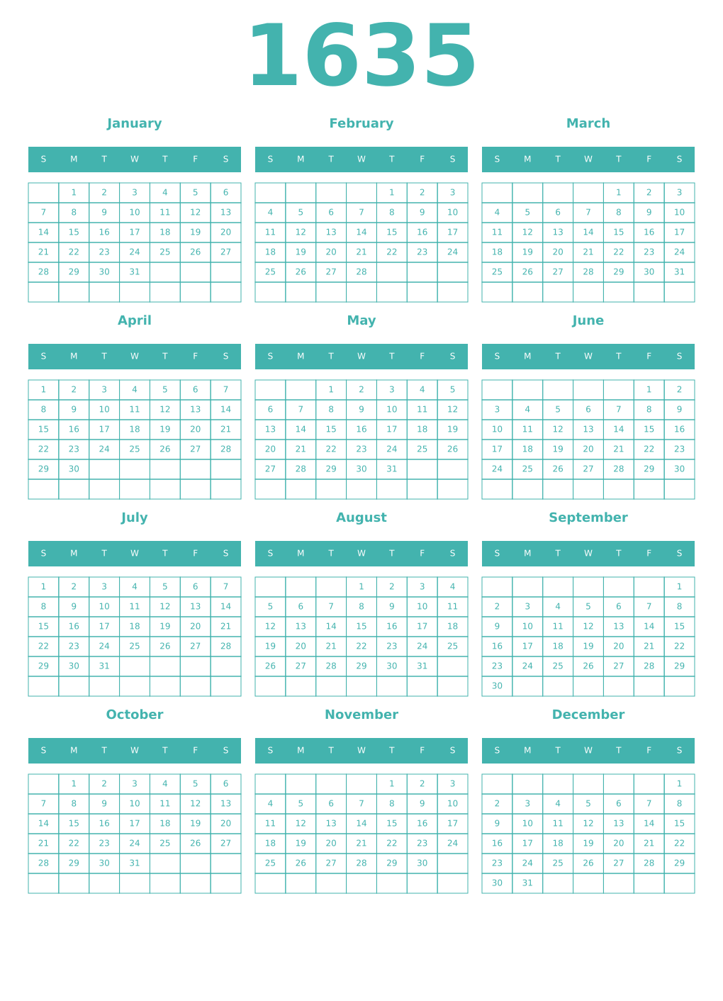 Printable 1635 Year Calendars verdigris