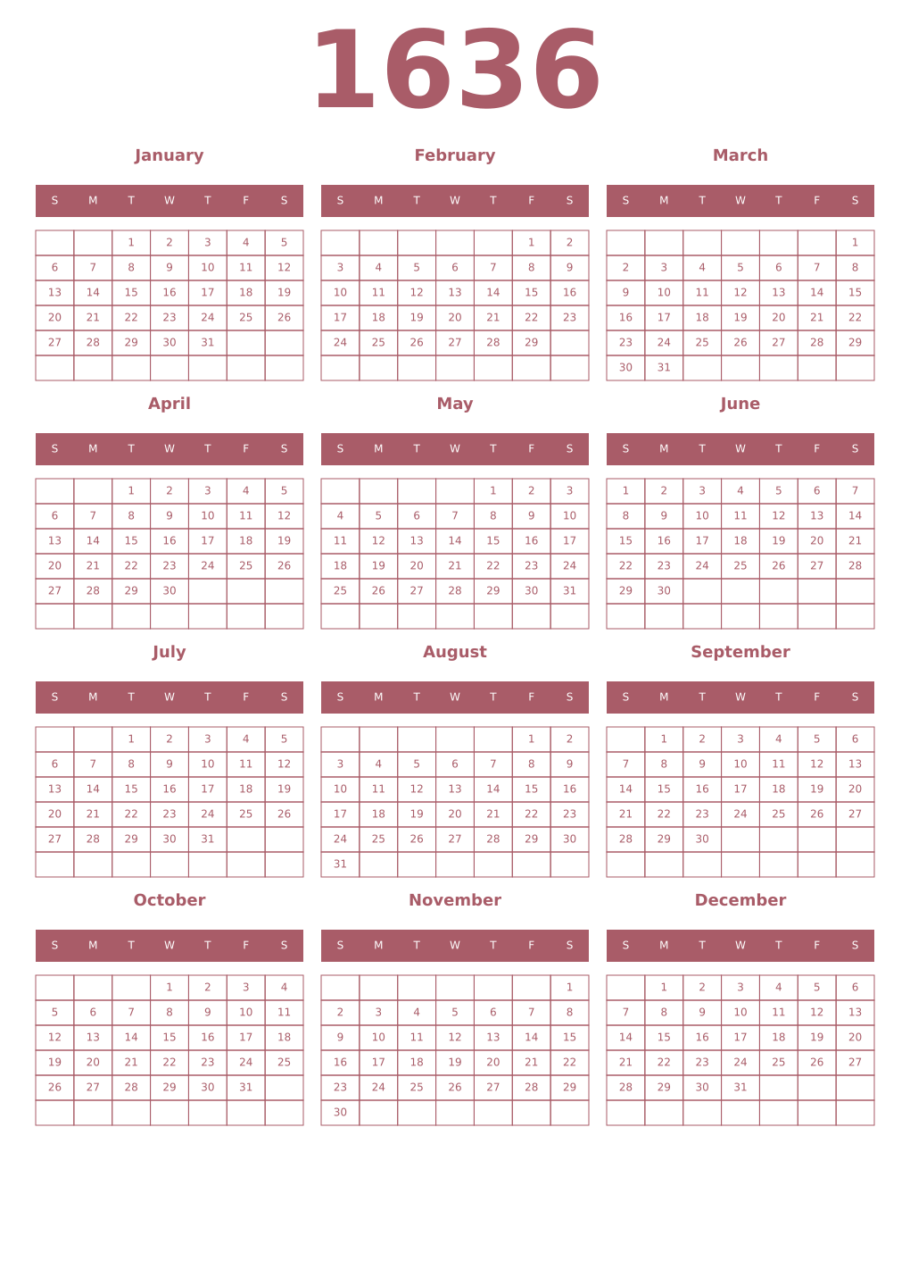 Printable 1636 Year Calendars puce