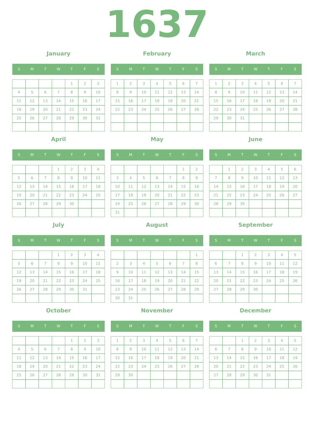 Printable 1637 Year Calendars celadon