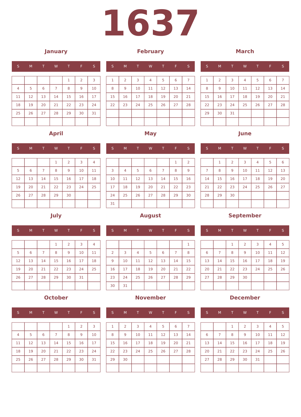 Printable 1637 Year Calendars cordovan