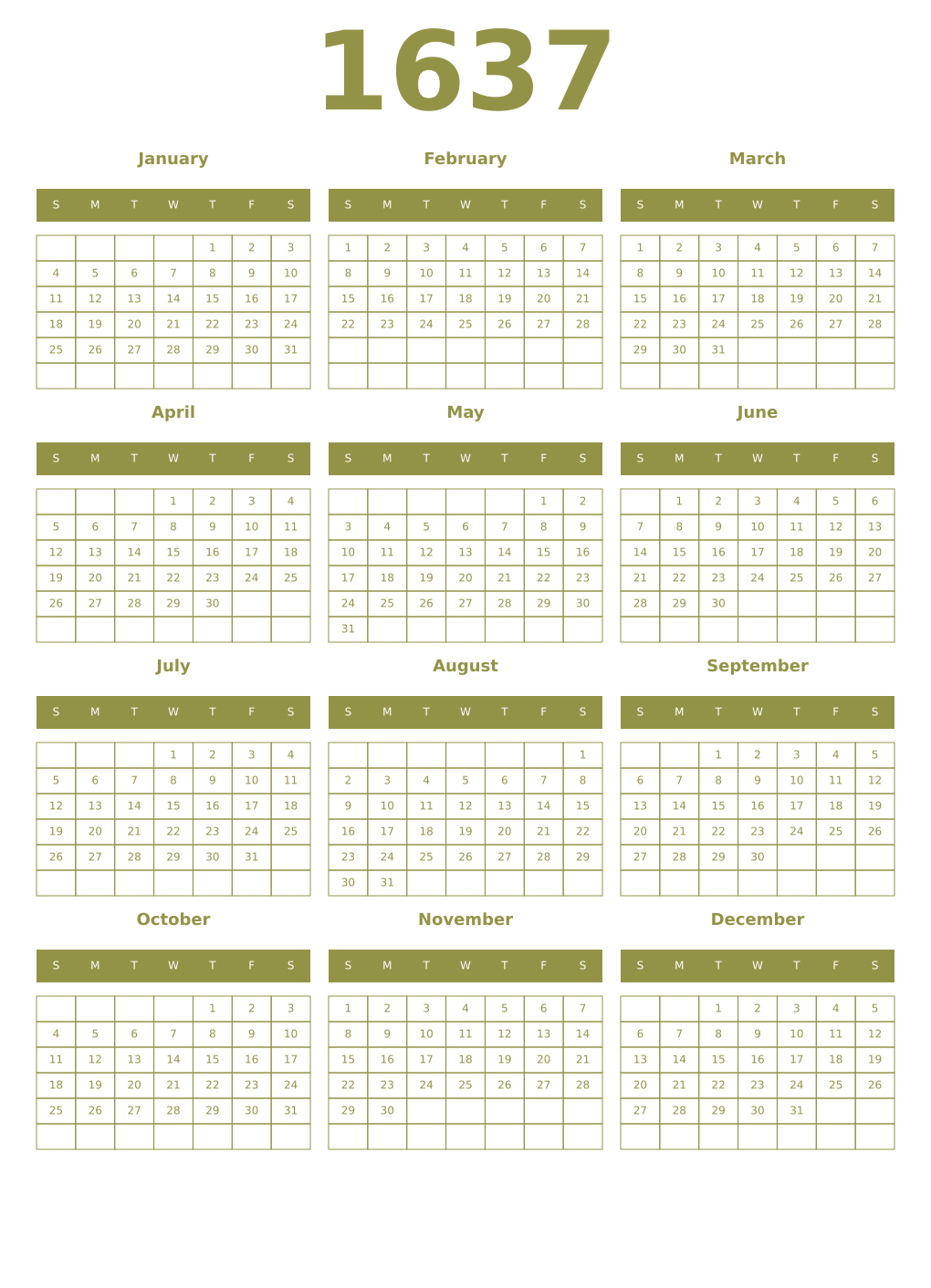Printable 1637 Year Calendars eburnean