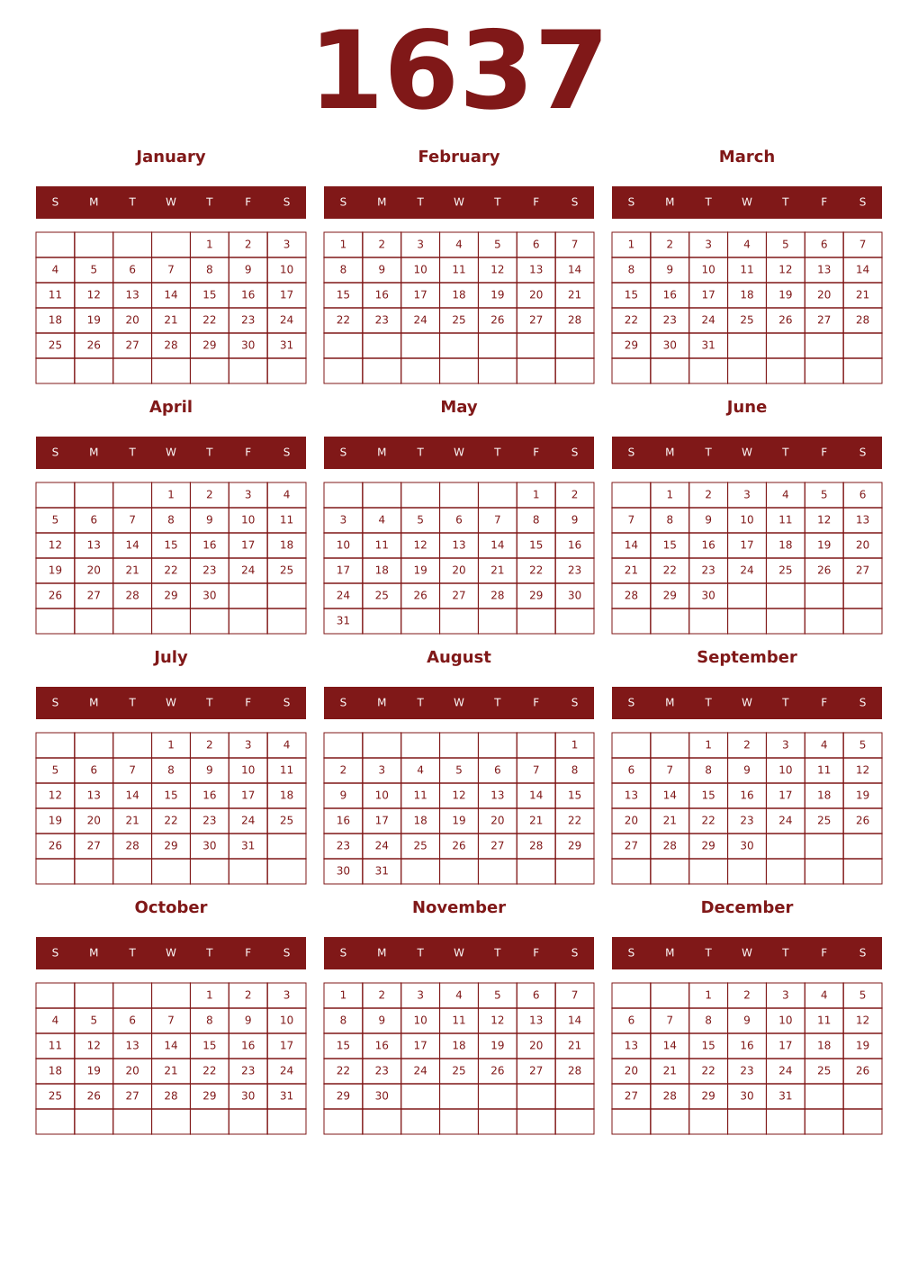 Printable 1637 Year Calendars falu