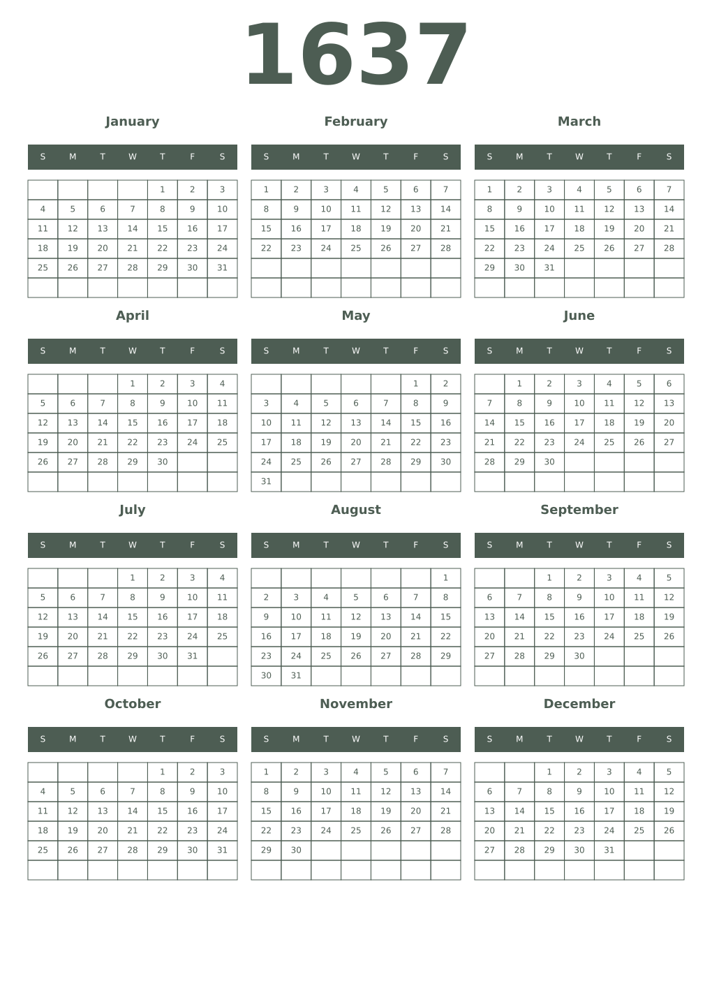 Printable 1637 Year Calendars feldgrau