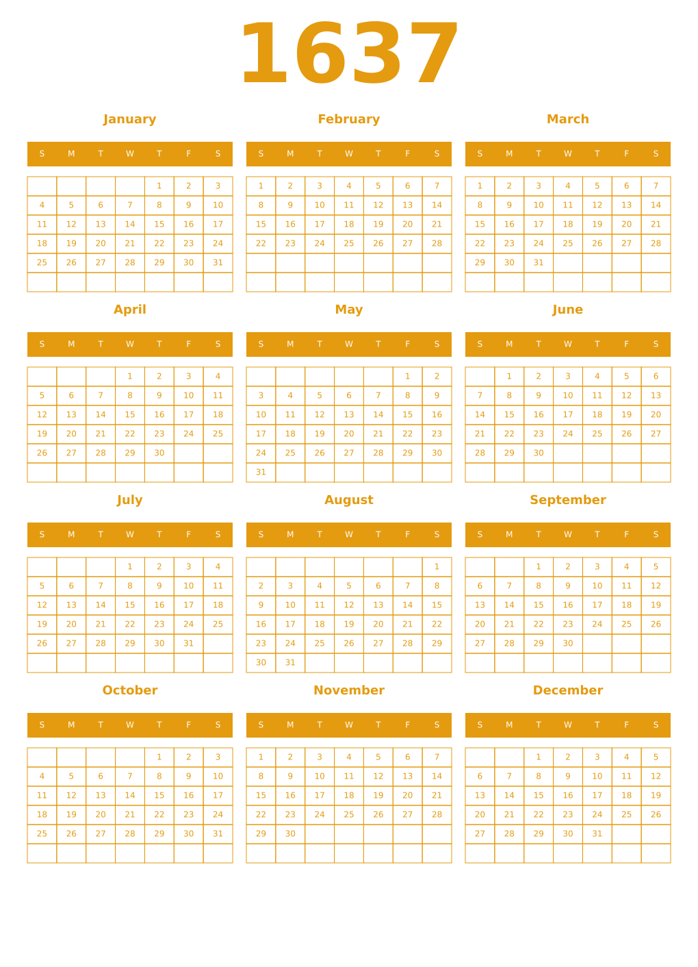 Printable 1637 Year Calendars gamboge