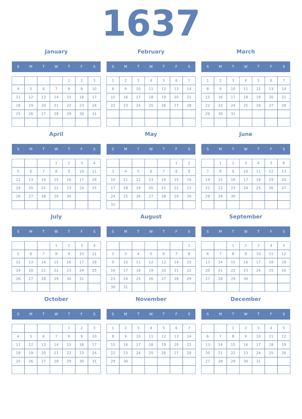 Printable 1637 Year Calendars glaucous