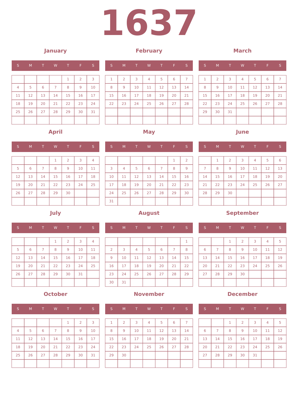 Printable 1637 Year Calendars puce