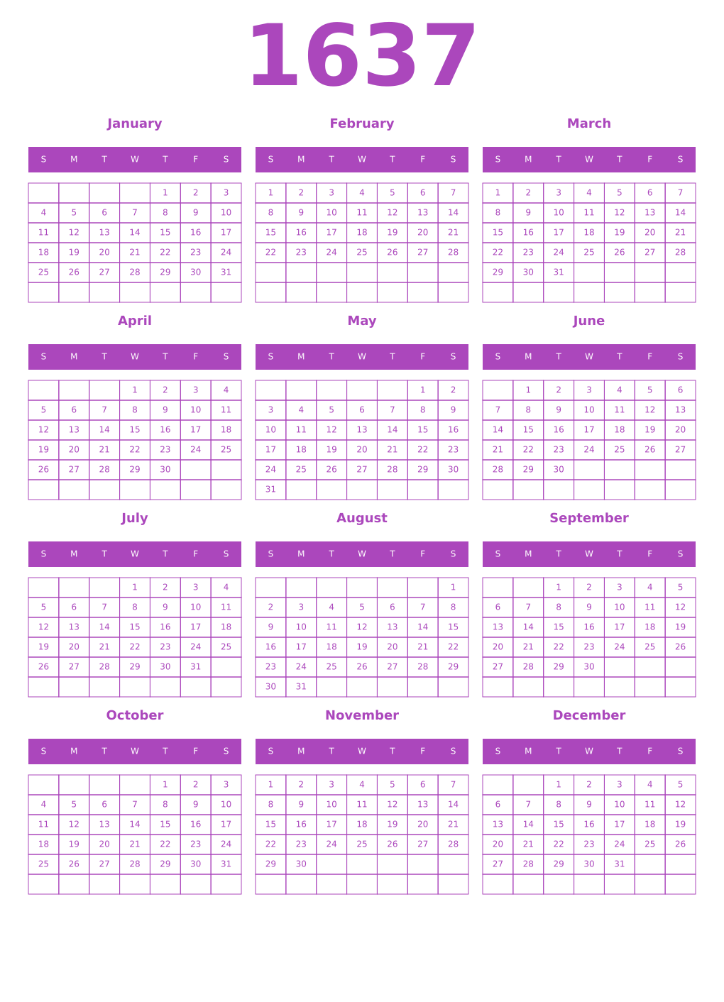 Printable 1637 Year Calendars purple