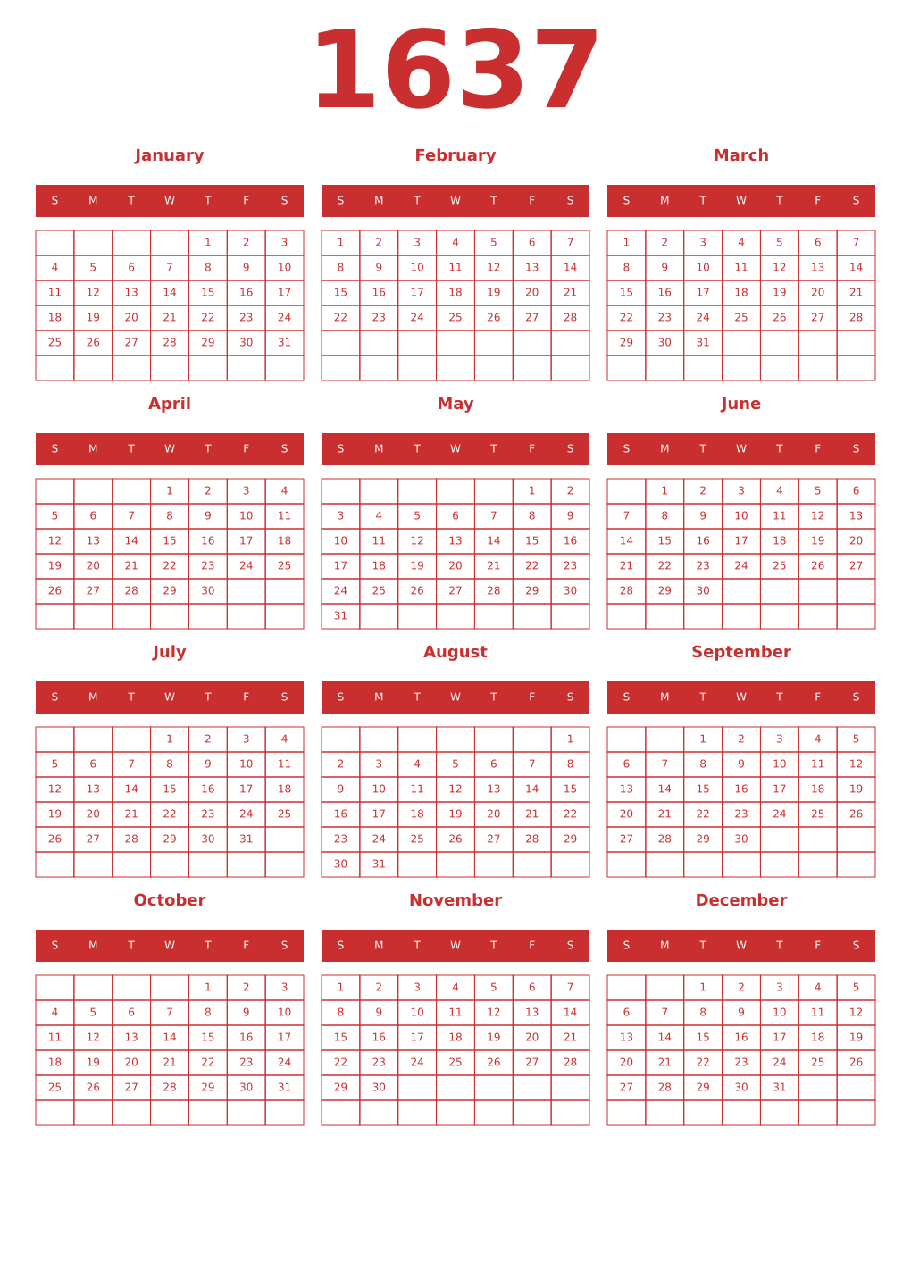 Printable 1637 Year Calendars red