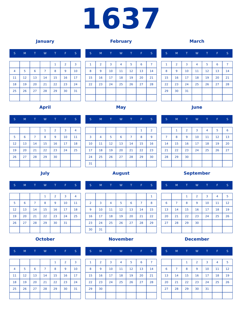 Printable 1637 Year Calendars smalt