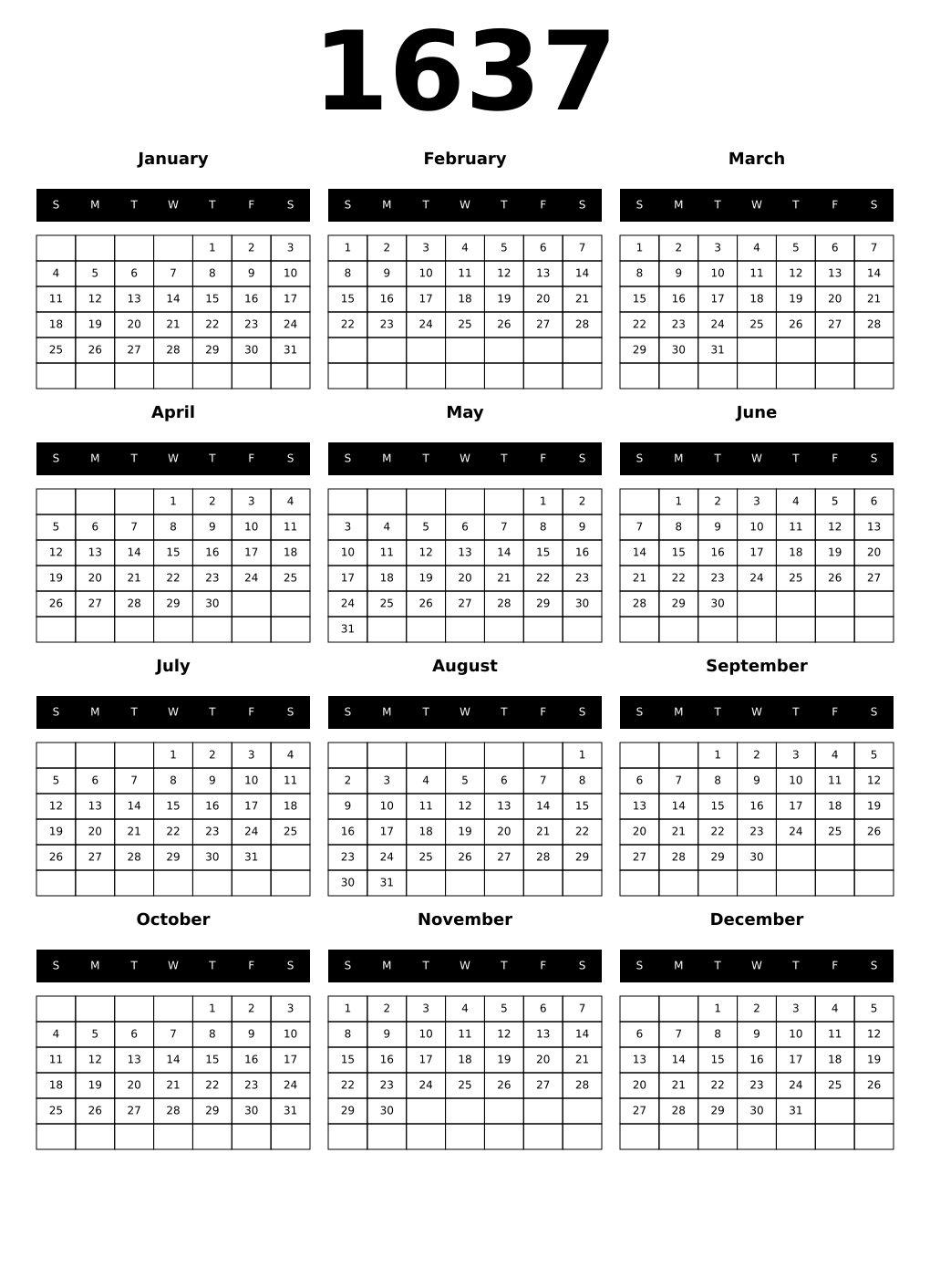 Printable 1637 Calendars