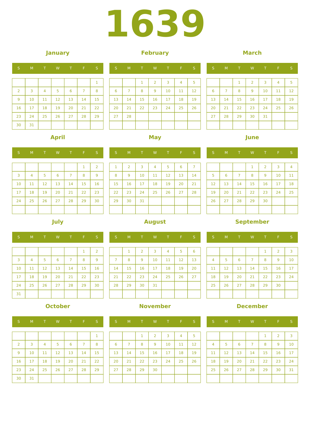 Printable 1639 Year Calendars chartreuse
