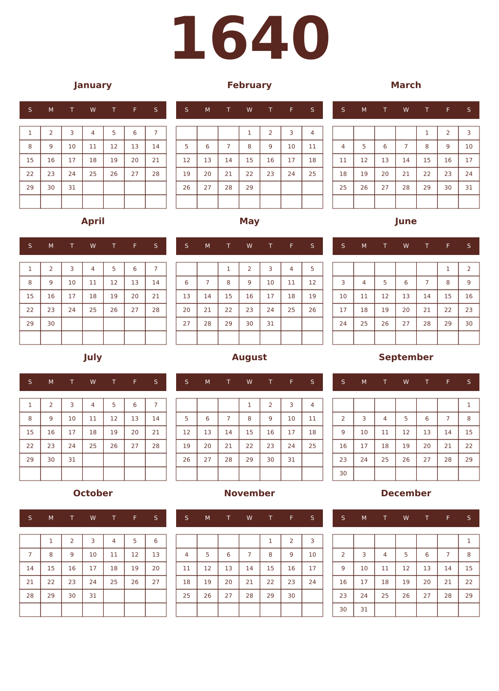 Printable 1640 Year Calendars mortuum