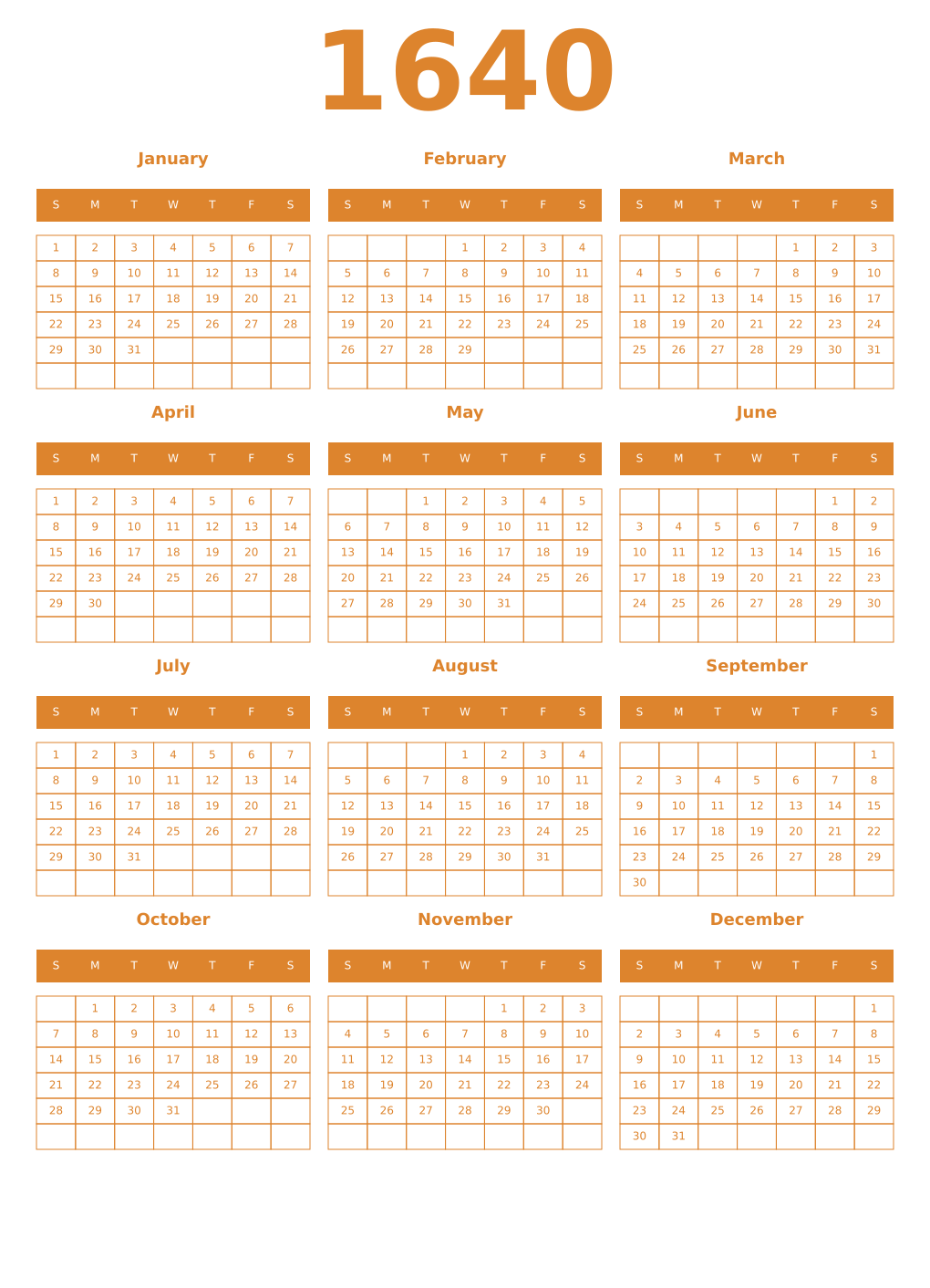 Printable 1640 Year Calendars orange