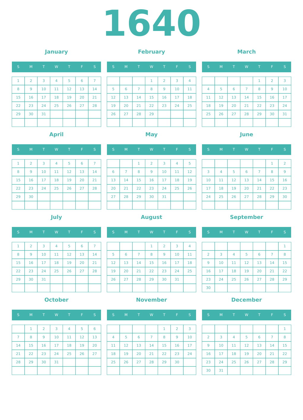 Printable 1640 Year Calendars verdigris