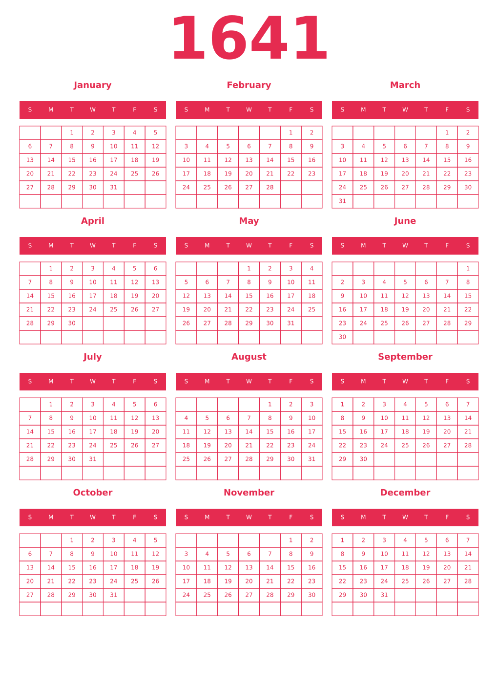 Printable 1641 Year Calendars amaranth