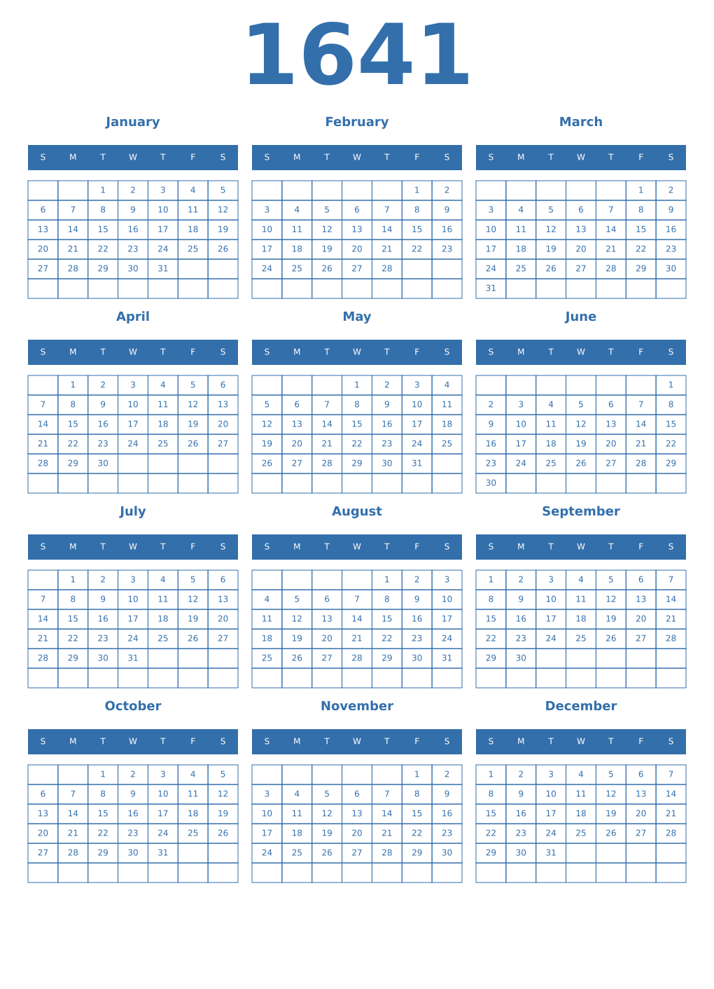 Printable 1641 Year Calendars blue