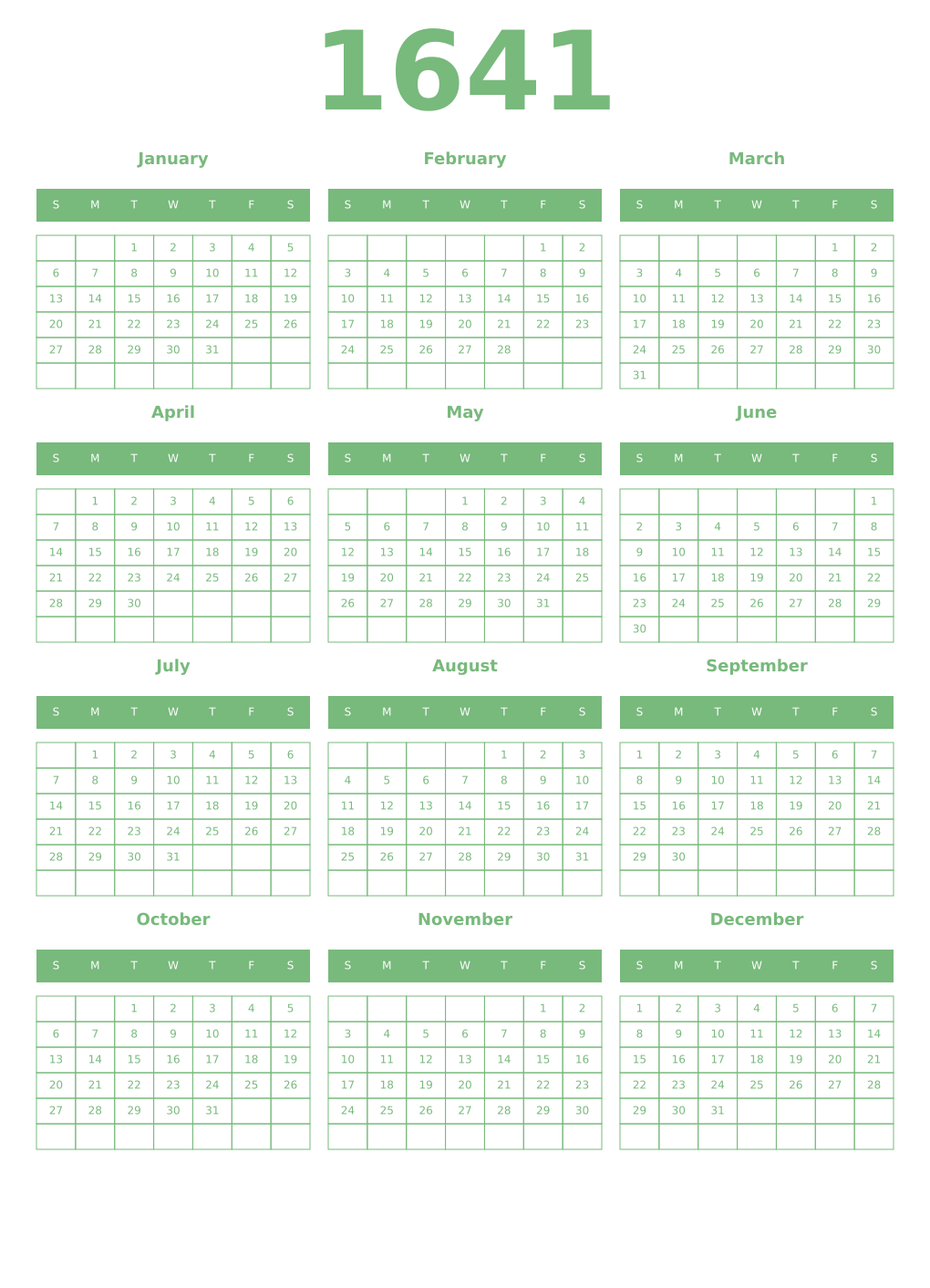Printable 1641 Year Calendars celadon