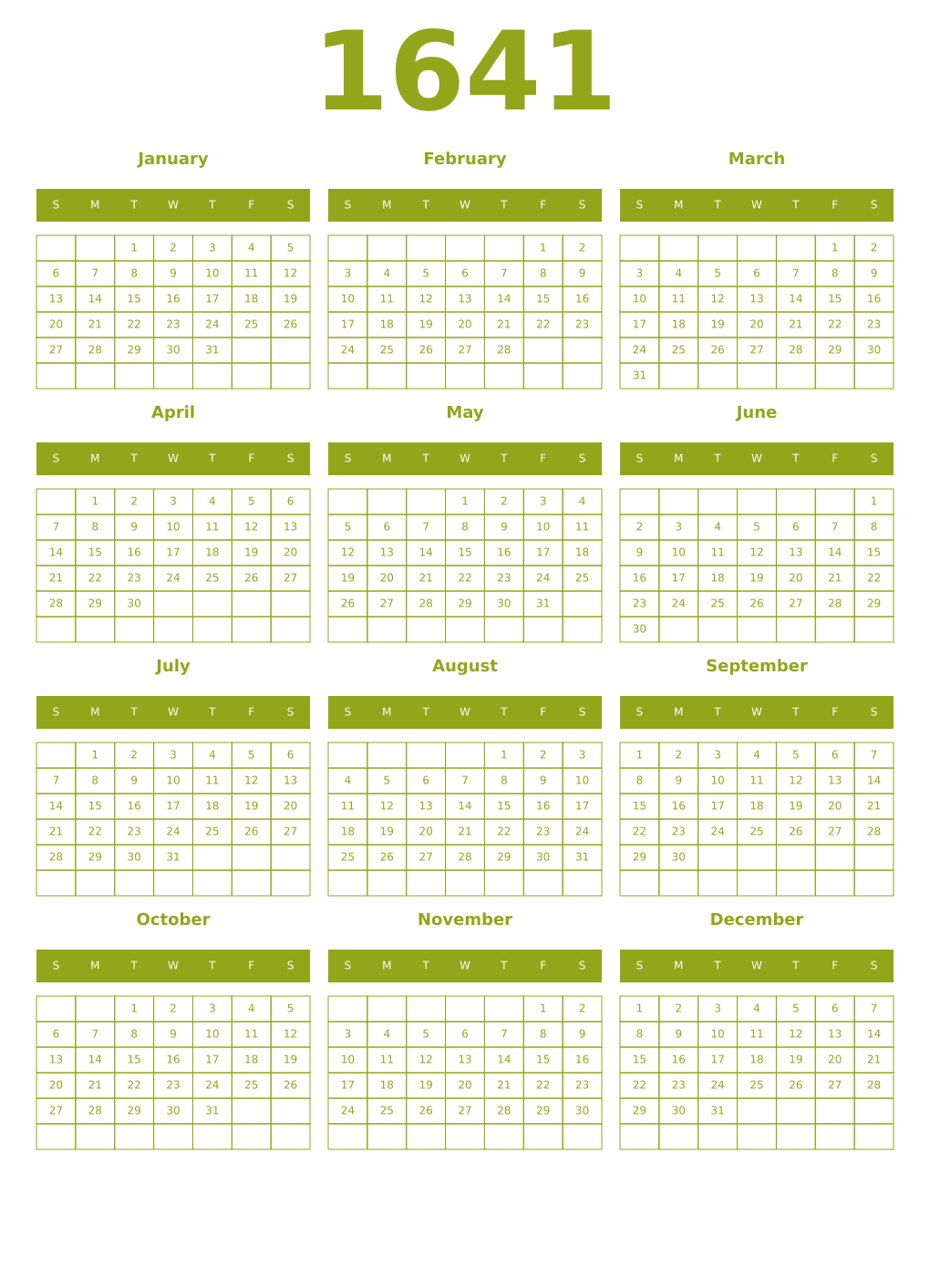 Printable 1641 Year Calendars chartreuse