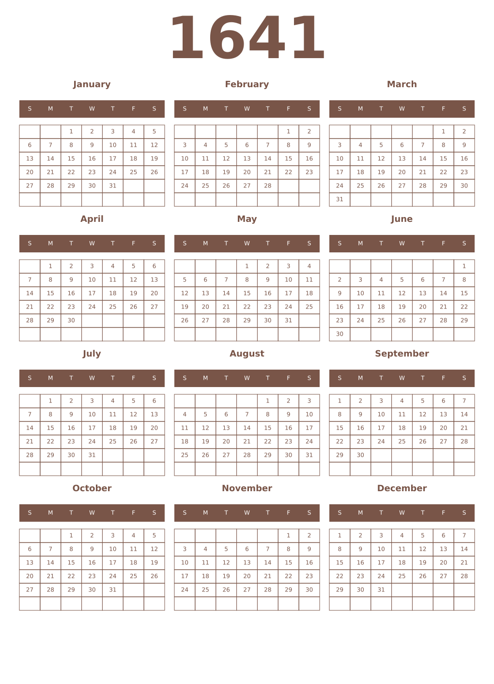 Printable 1641 Year Calendars coffe