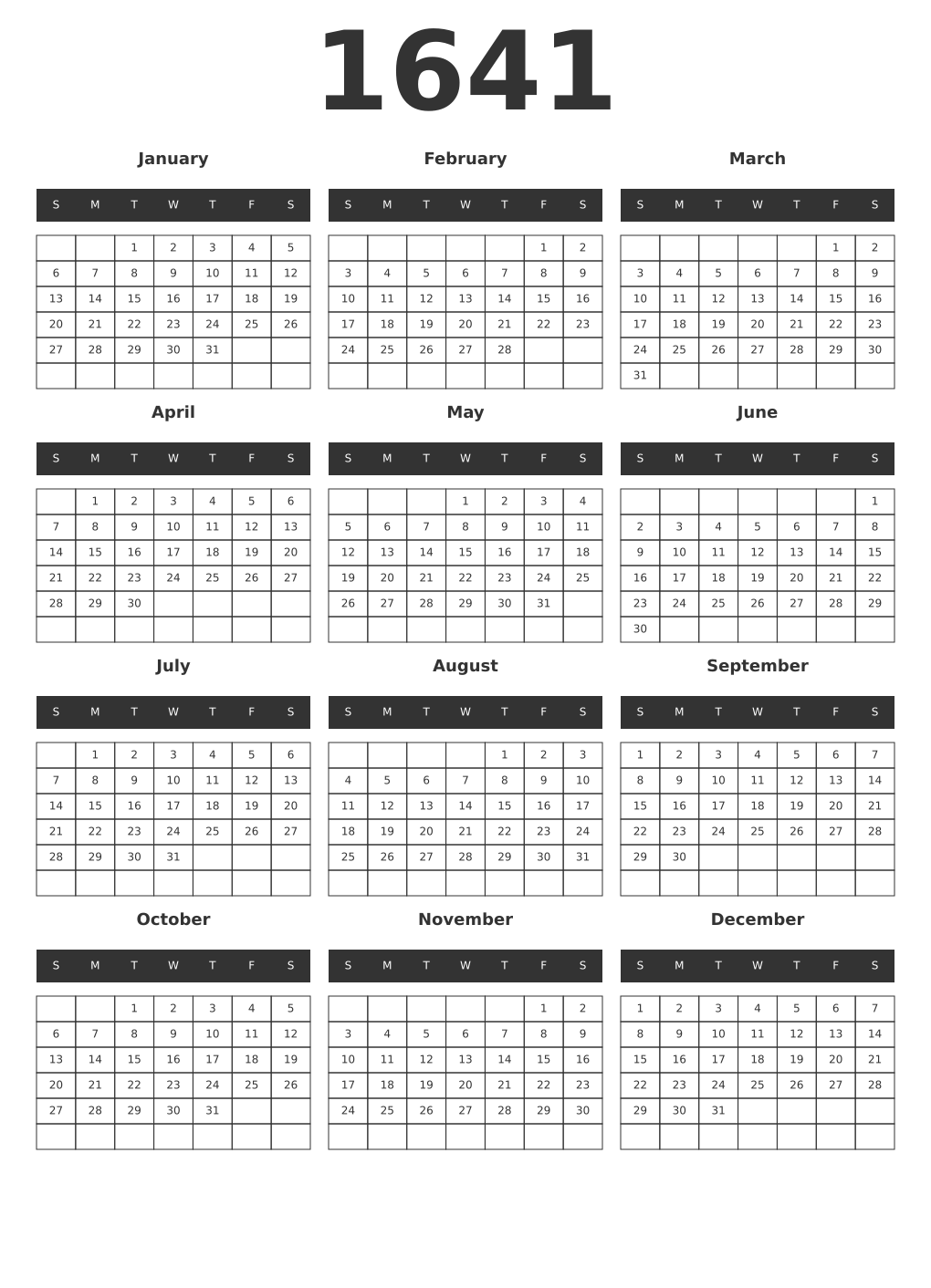 Printable 1641 Year Calendars dark