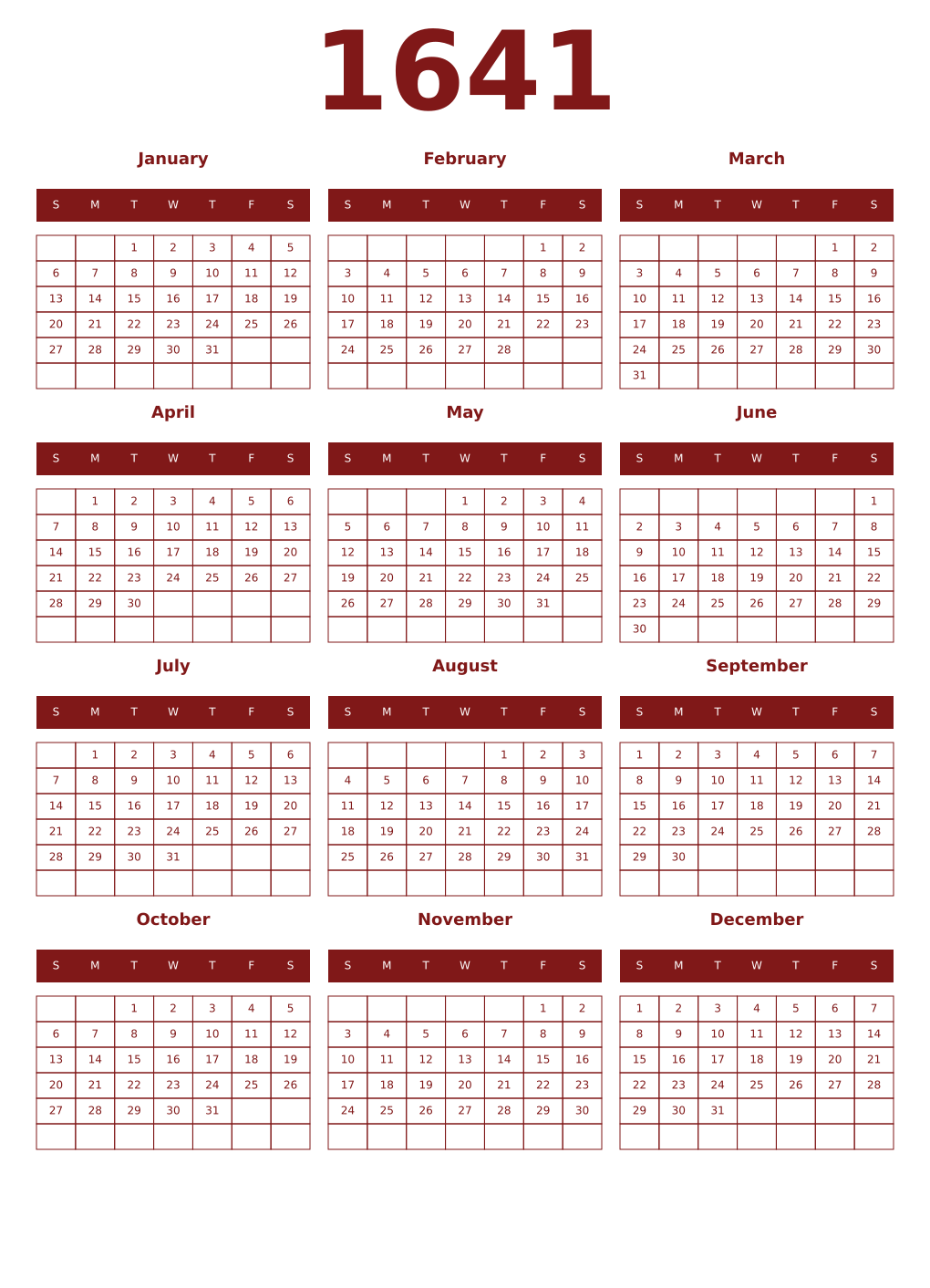 Printable 1641 Year Calendars falu