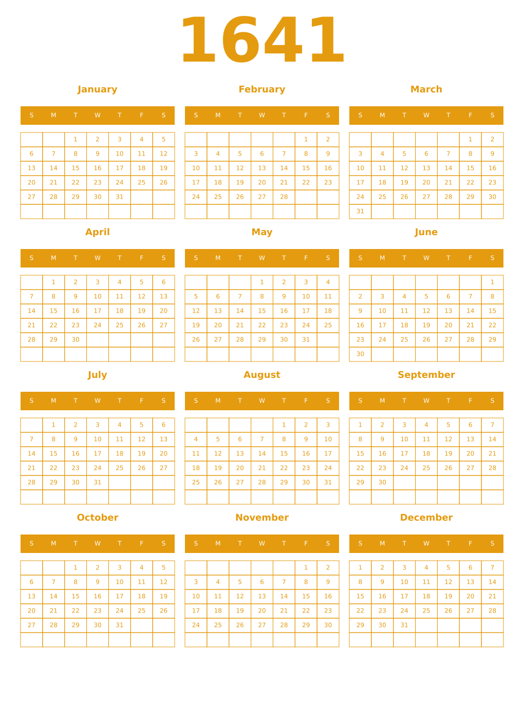 Printable 1641 Year Calendars gamboge
