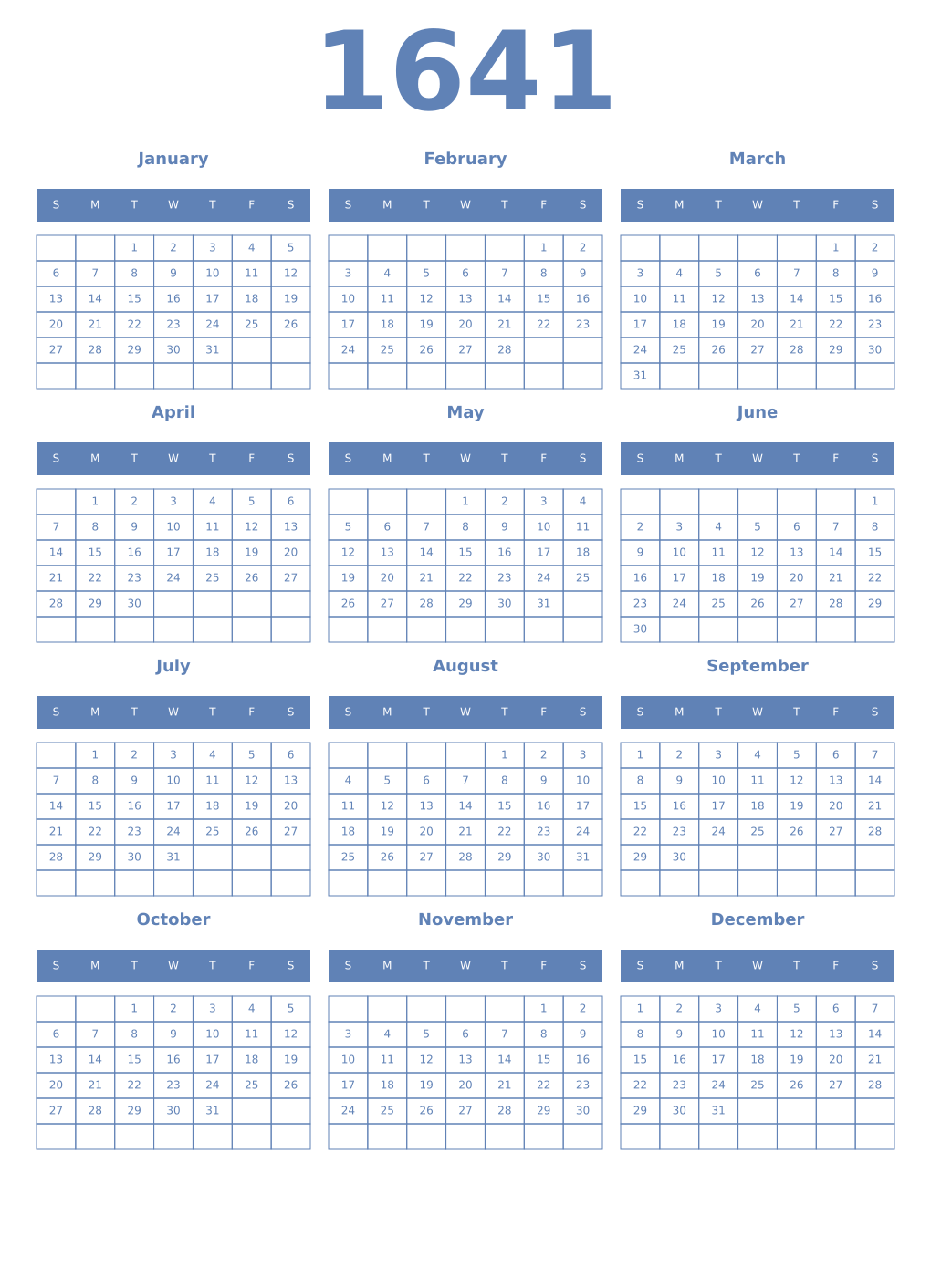 Printable 1641 Year Calendars glaucous