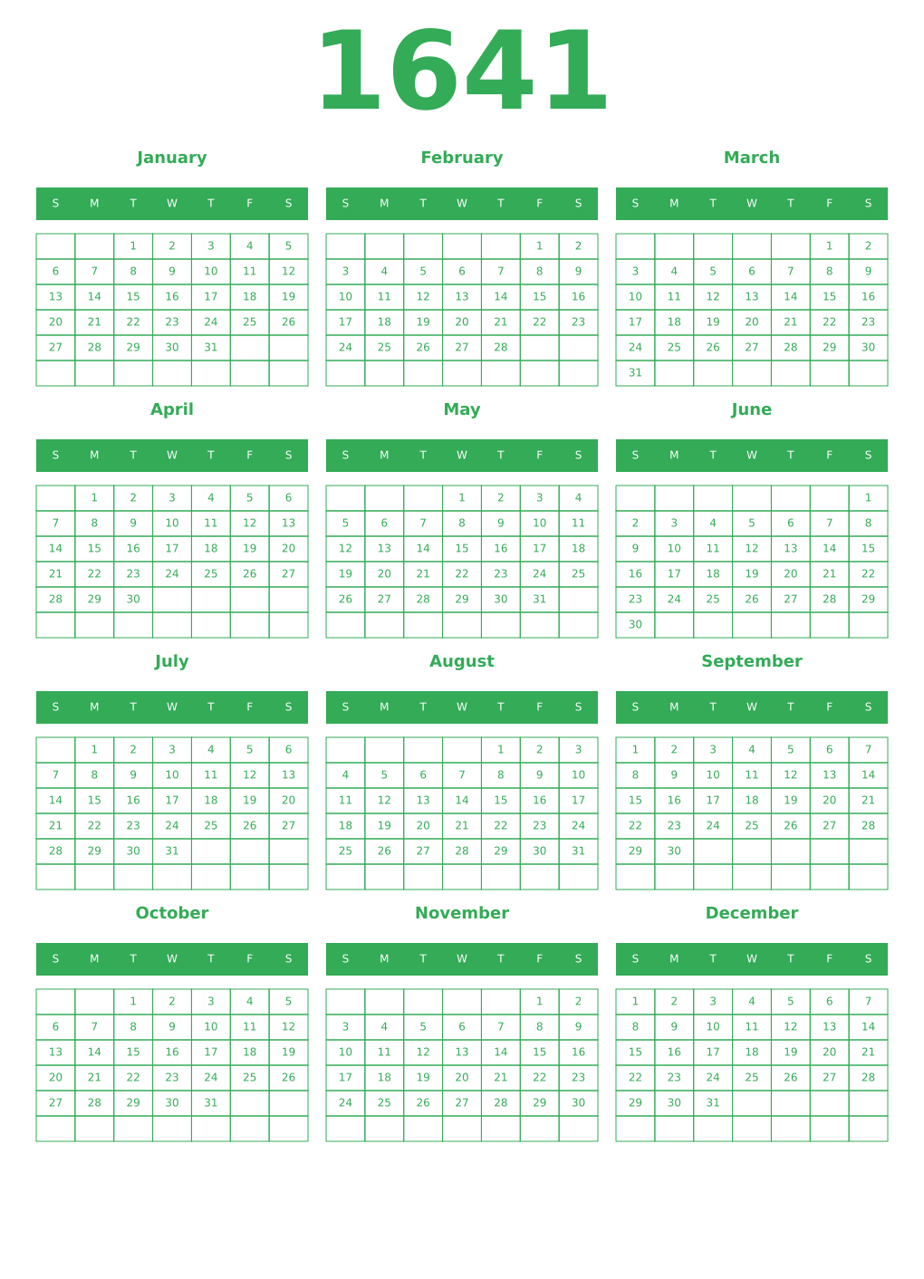 Printable 1641 Year Calendars green