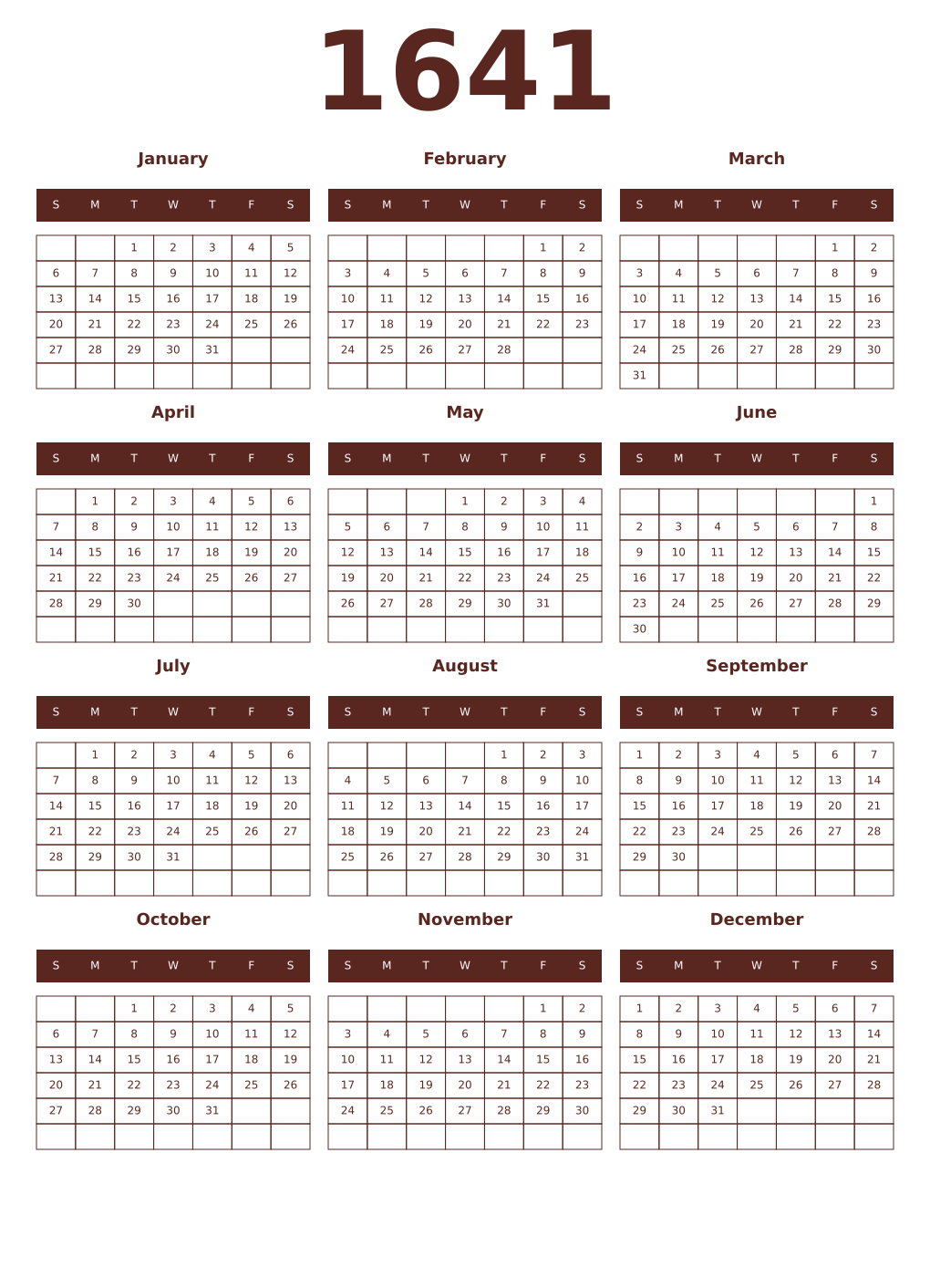 Printable 1641 Year Calendars mortuum