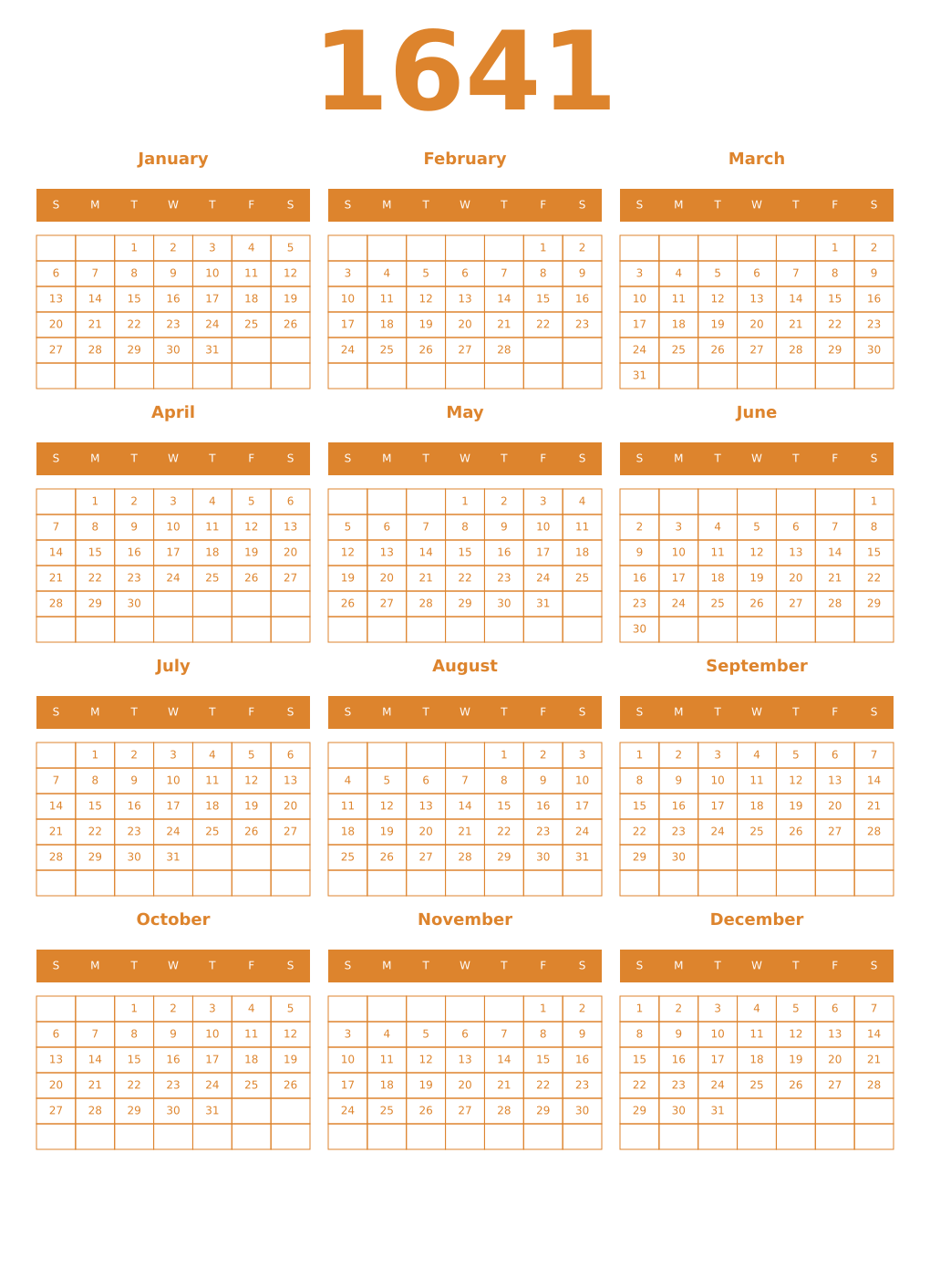 Printable 1641 Year Calendars orange