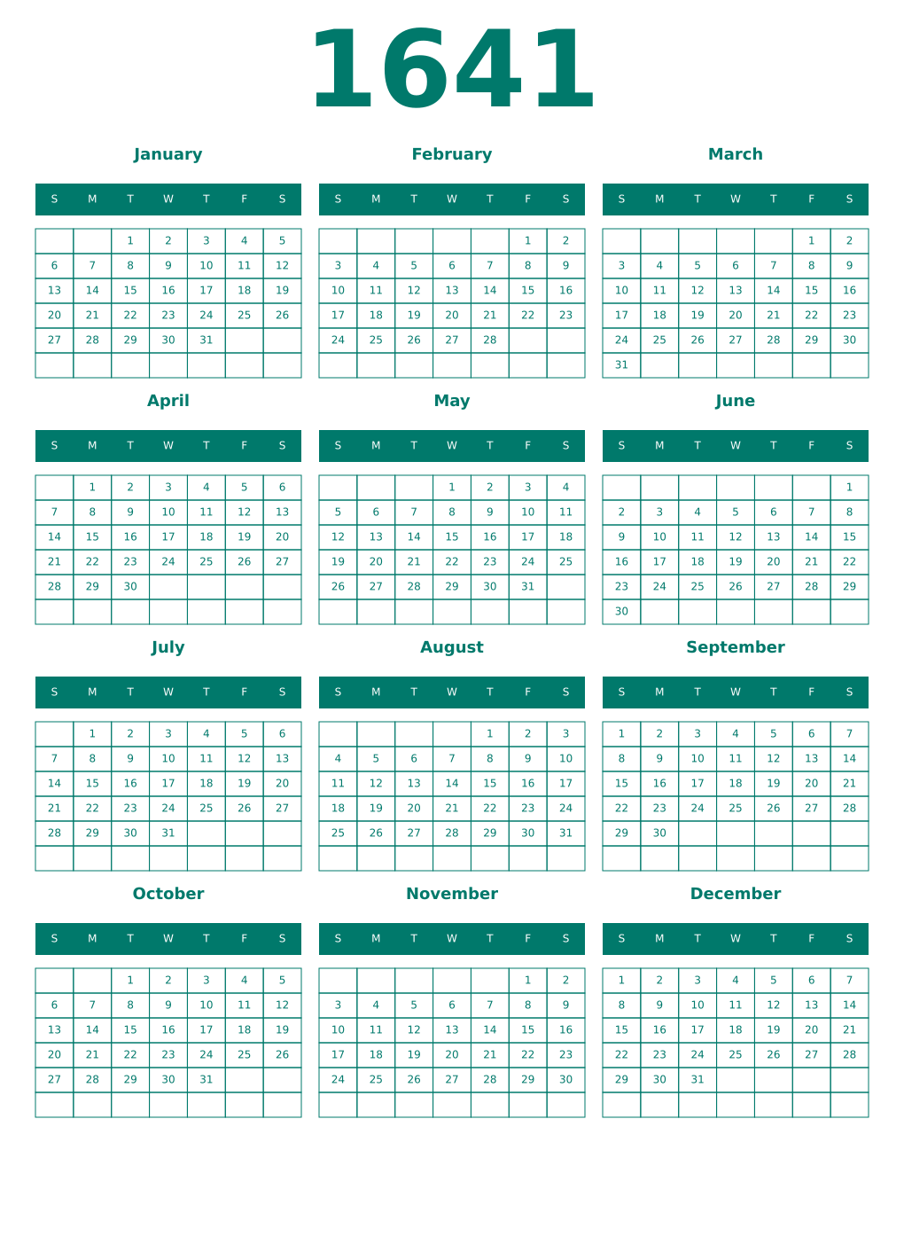 Printable 1641 Year Calendars pastel