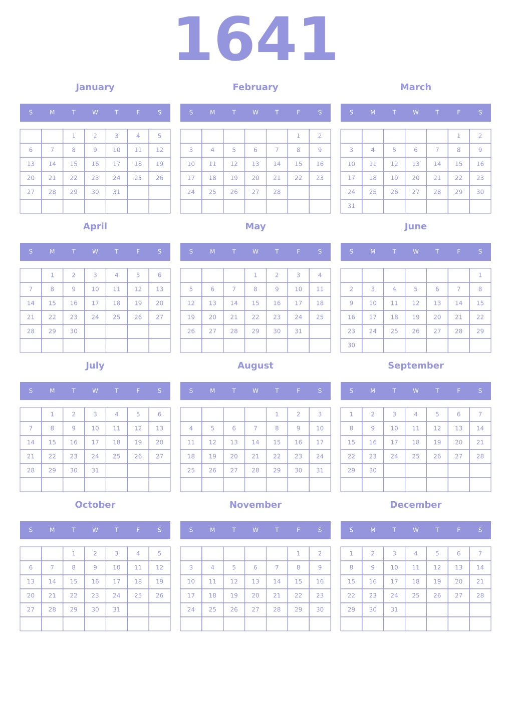Printable 1641 Year Calendars periwinkle