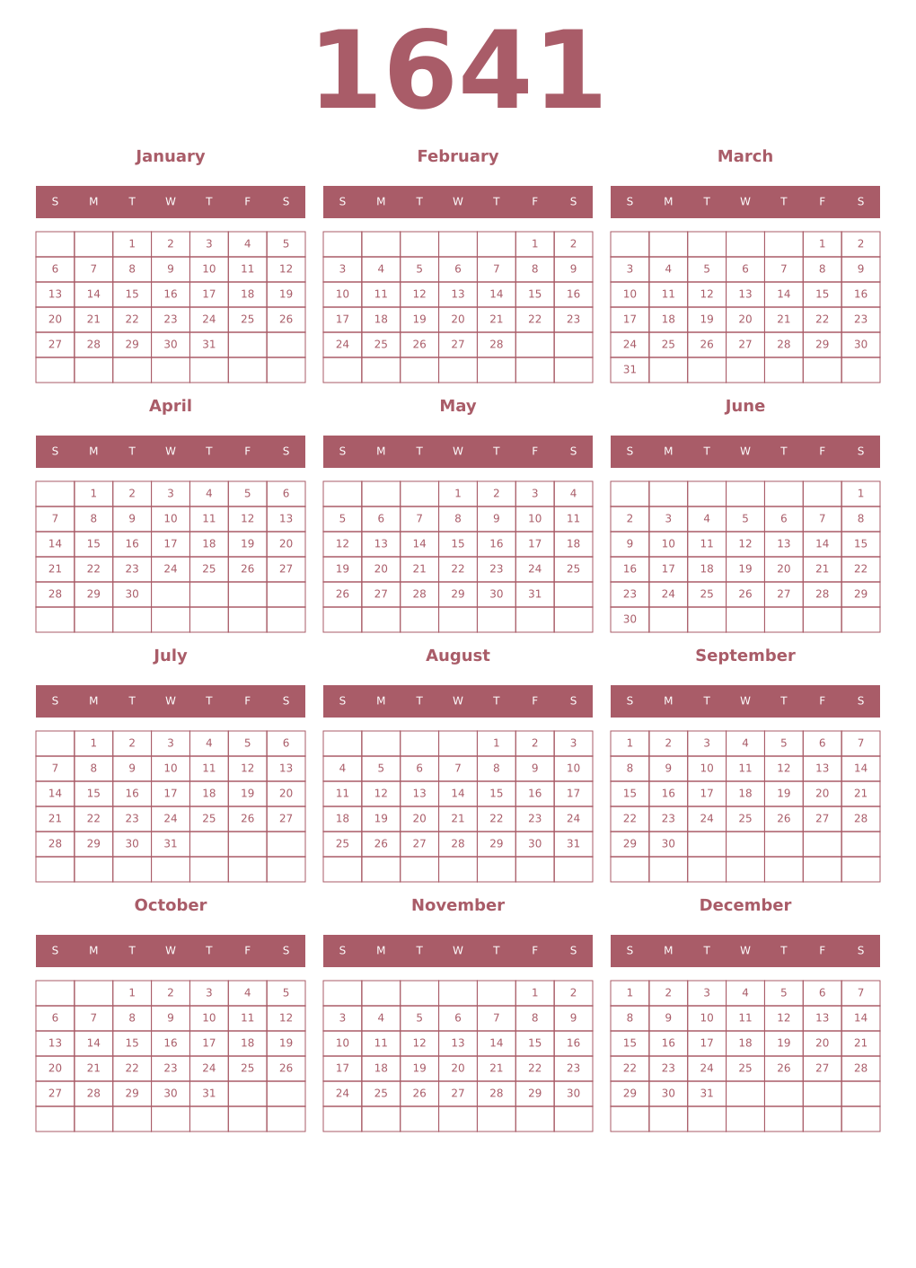 Printable 1641 Year Calendars puce