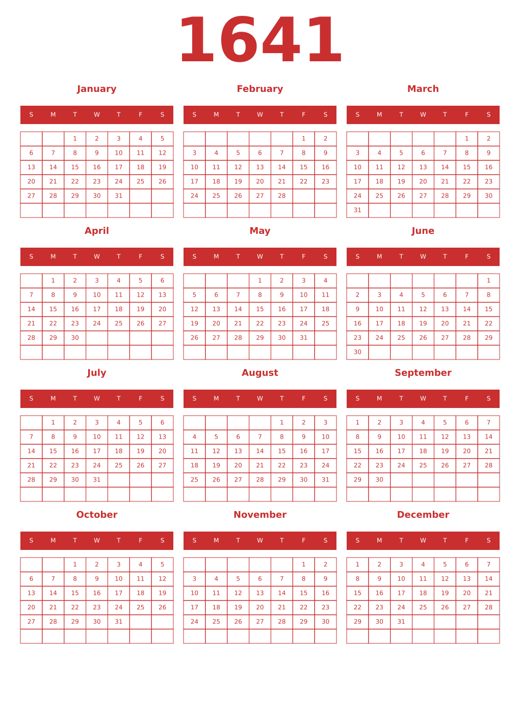 Printable 1641 Year Calendars red