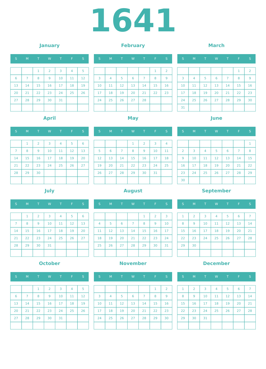 Printable 1641 Year Calendars verdigris