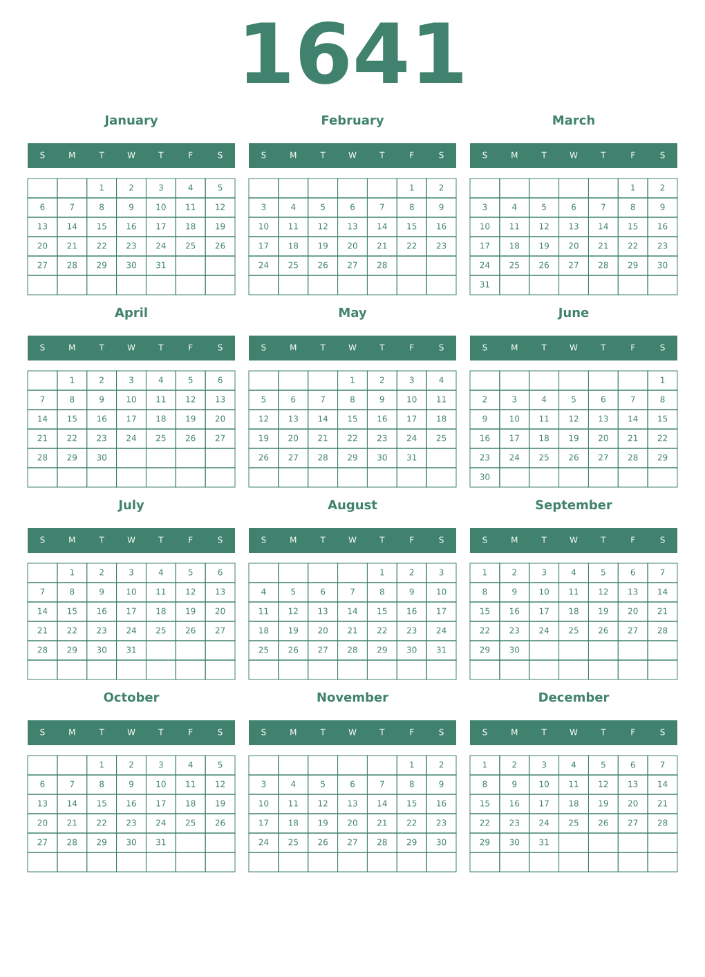 Printable 1641 Year Calendars viridian