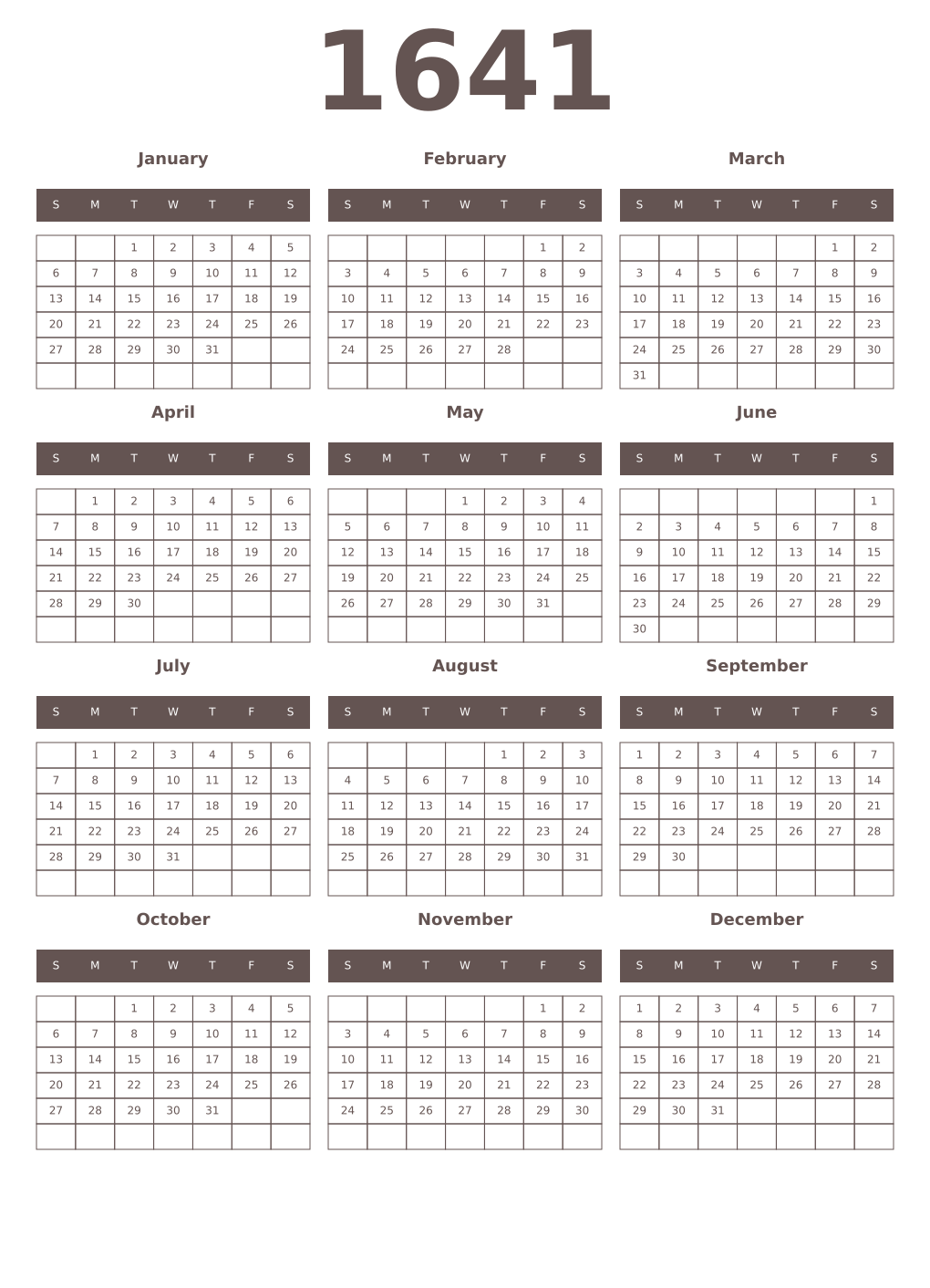 Printable 1641 Year Calendars wenge