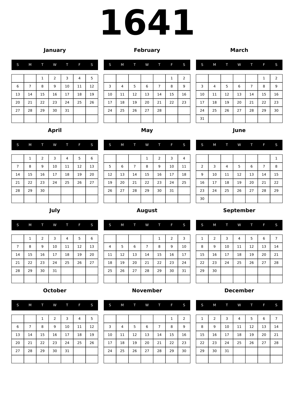 Printable 1641 Calendars
