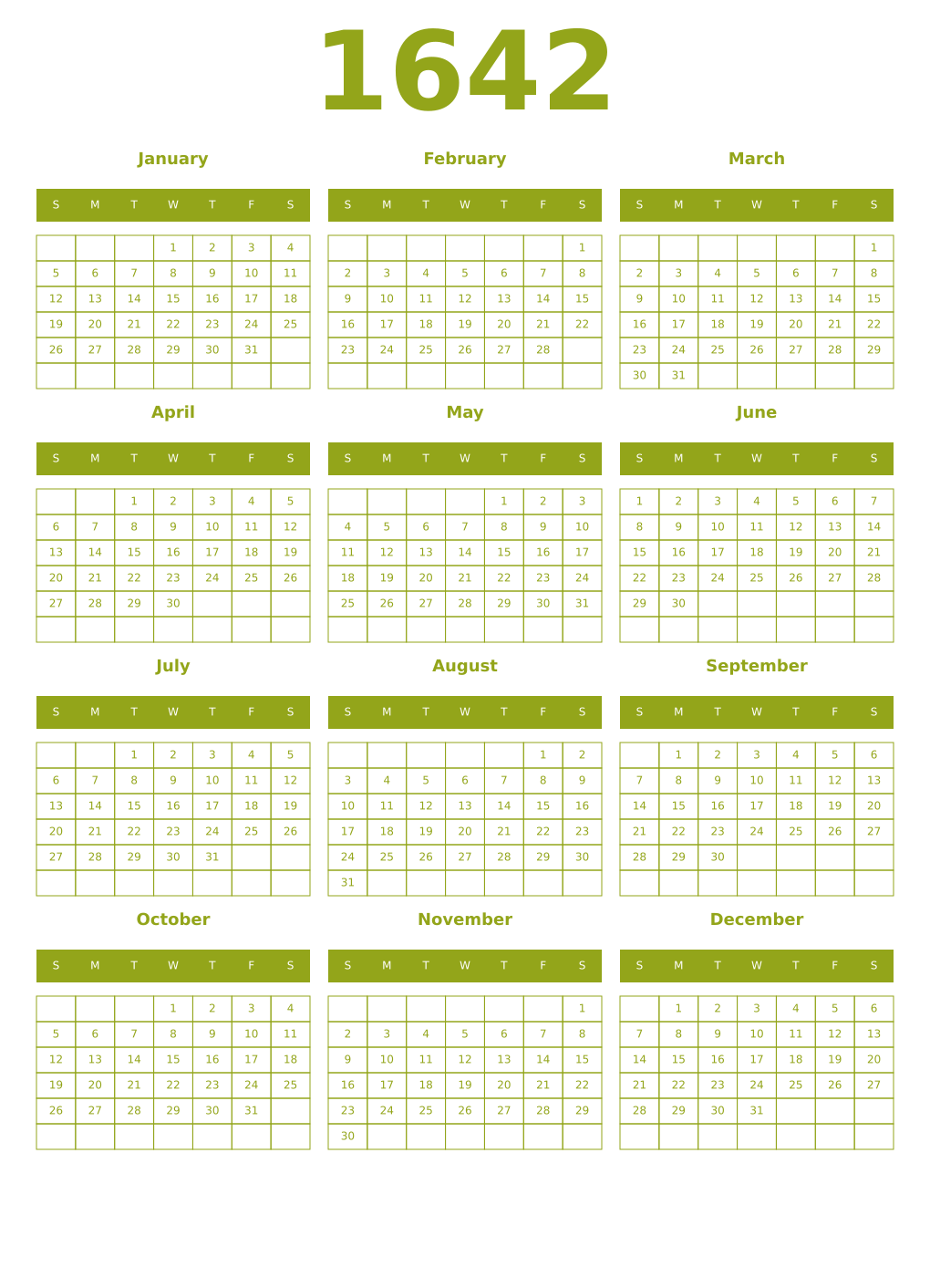 Printable 1642 Year Calendars chartreuse