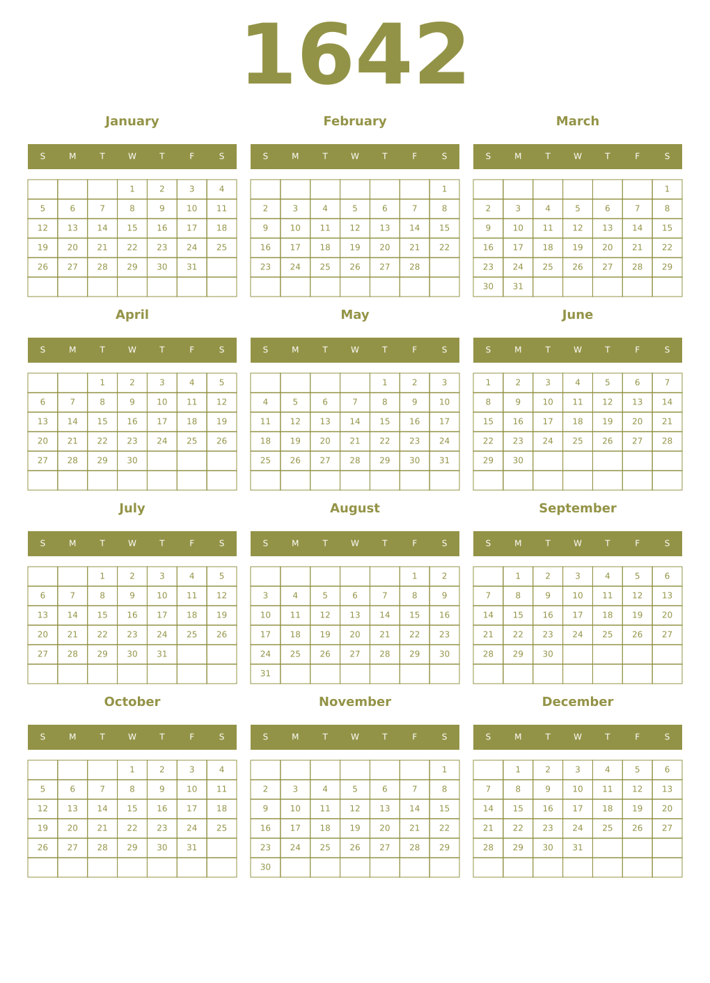 Printable 1642 Year Calendars eburnean