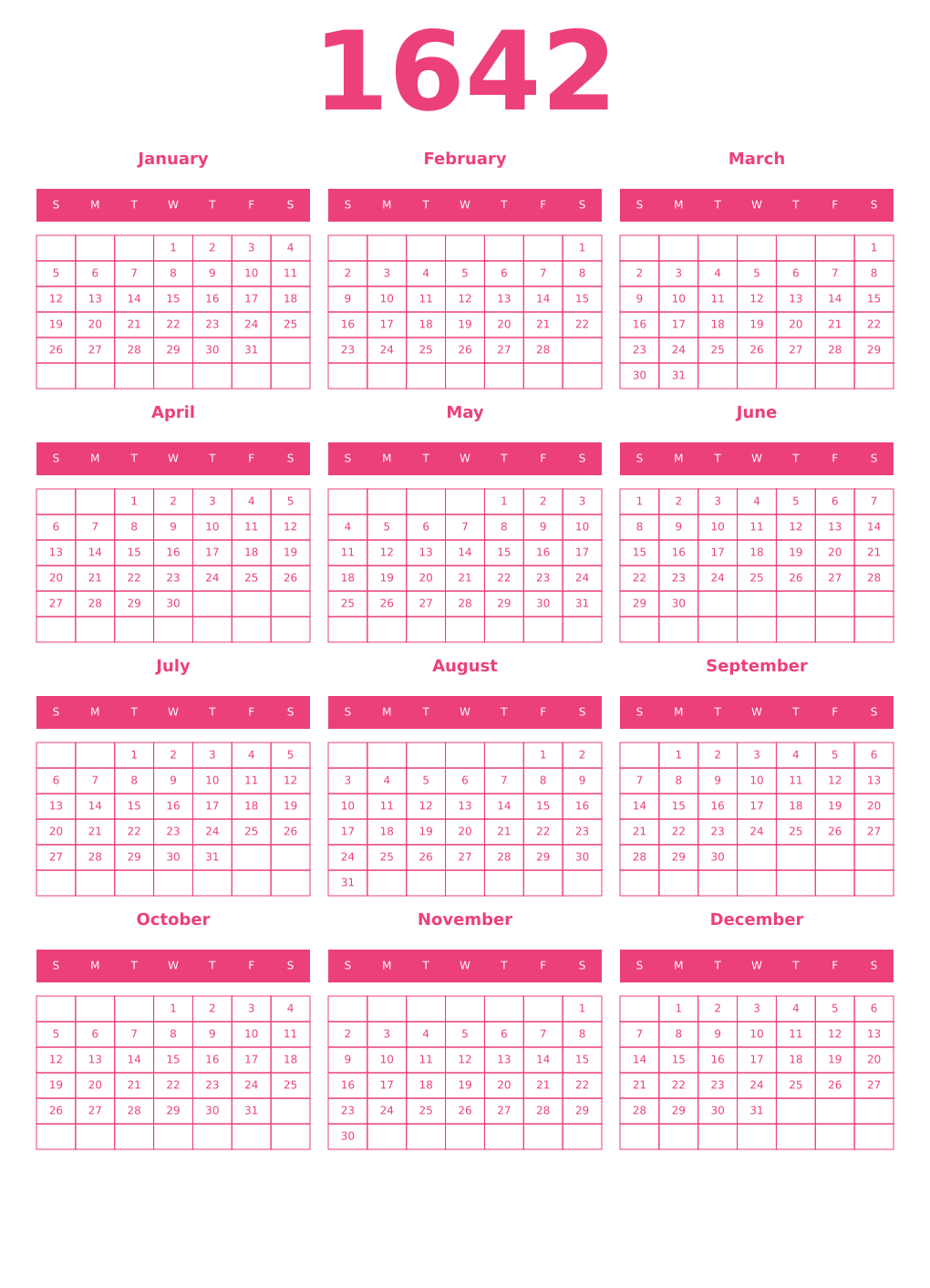 Printable 1642 Year Calendars pink