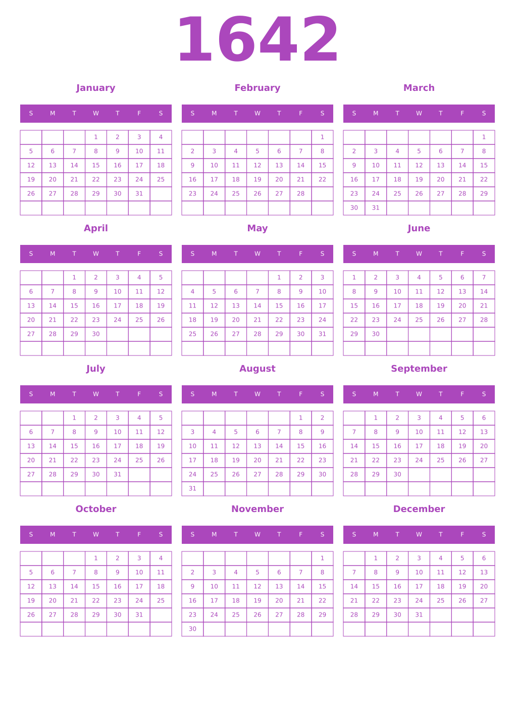 Printable 1642 Year Calendars purple